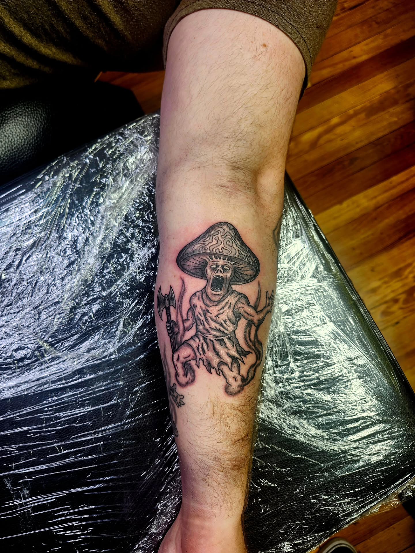 Mushroom spirit neo-traditional tattoo on the forearm by @rockinr33d.tattoos