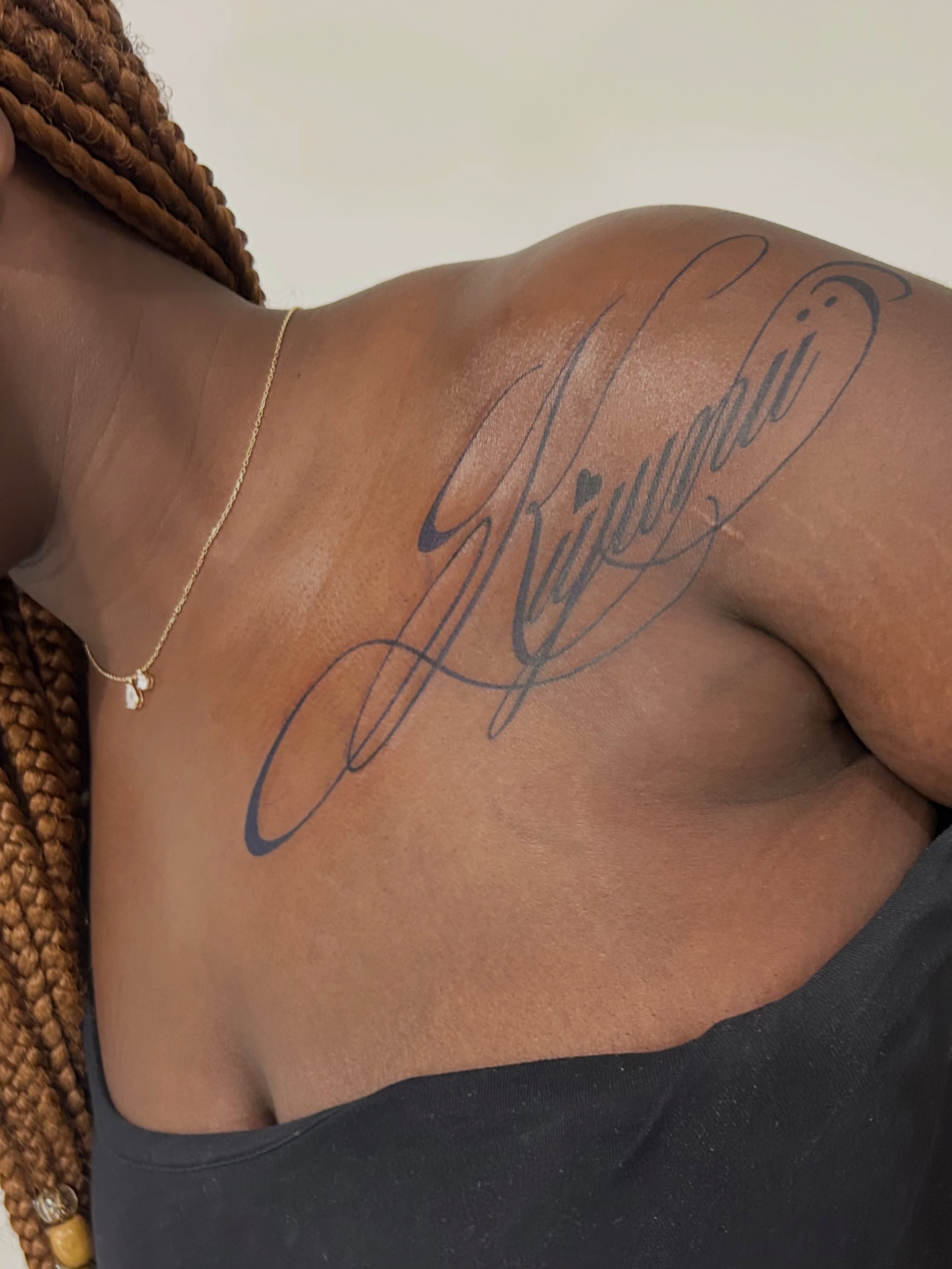 Script lettering lettering script tattoo on the shoulder by Miss Moezartt the Multidisciplinary