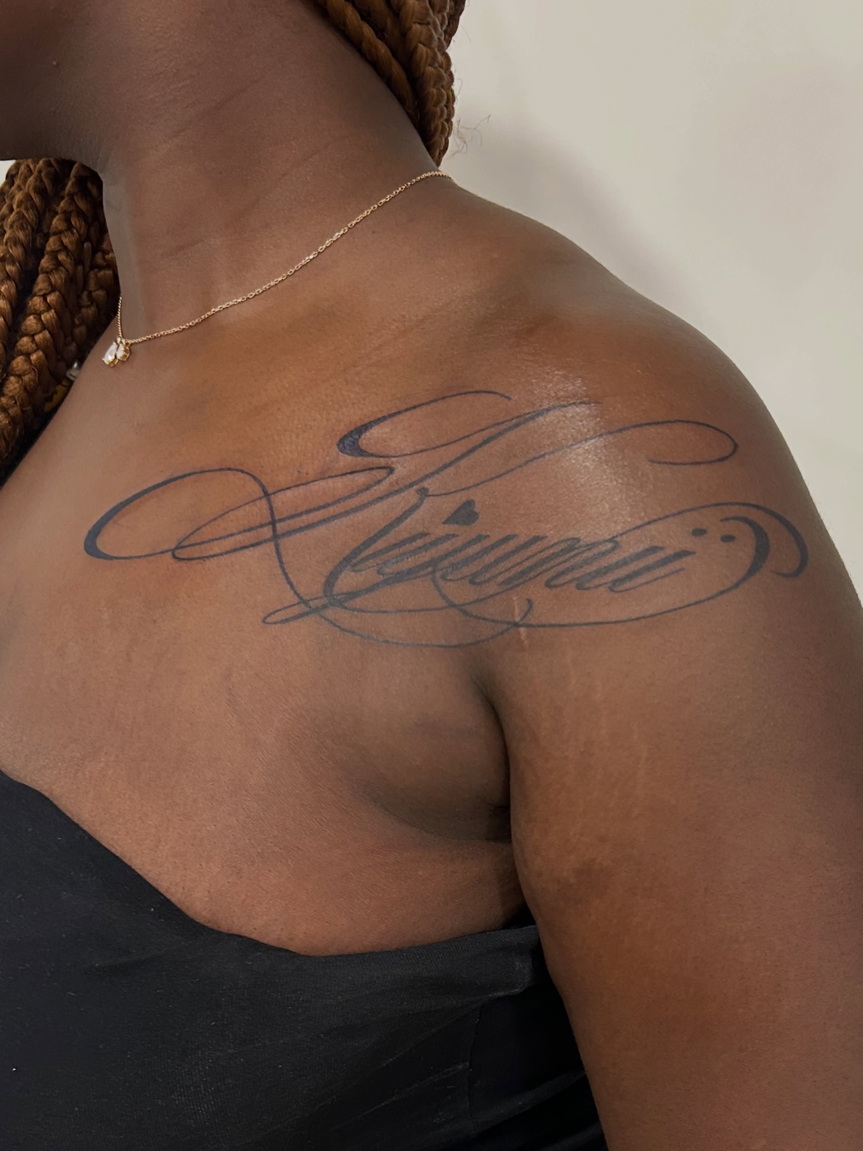 Script lettering lettering script tattoo on the shoulder by Miss Moezartt the Multidisciplinary