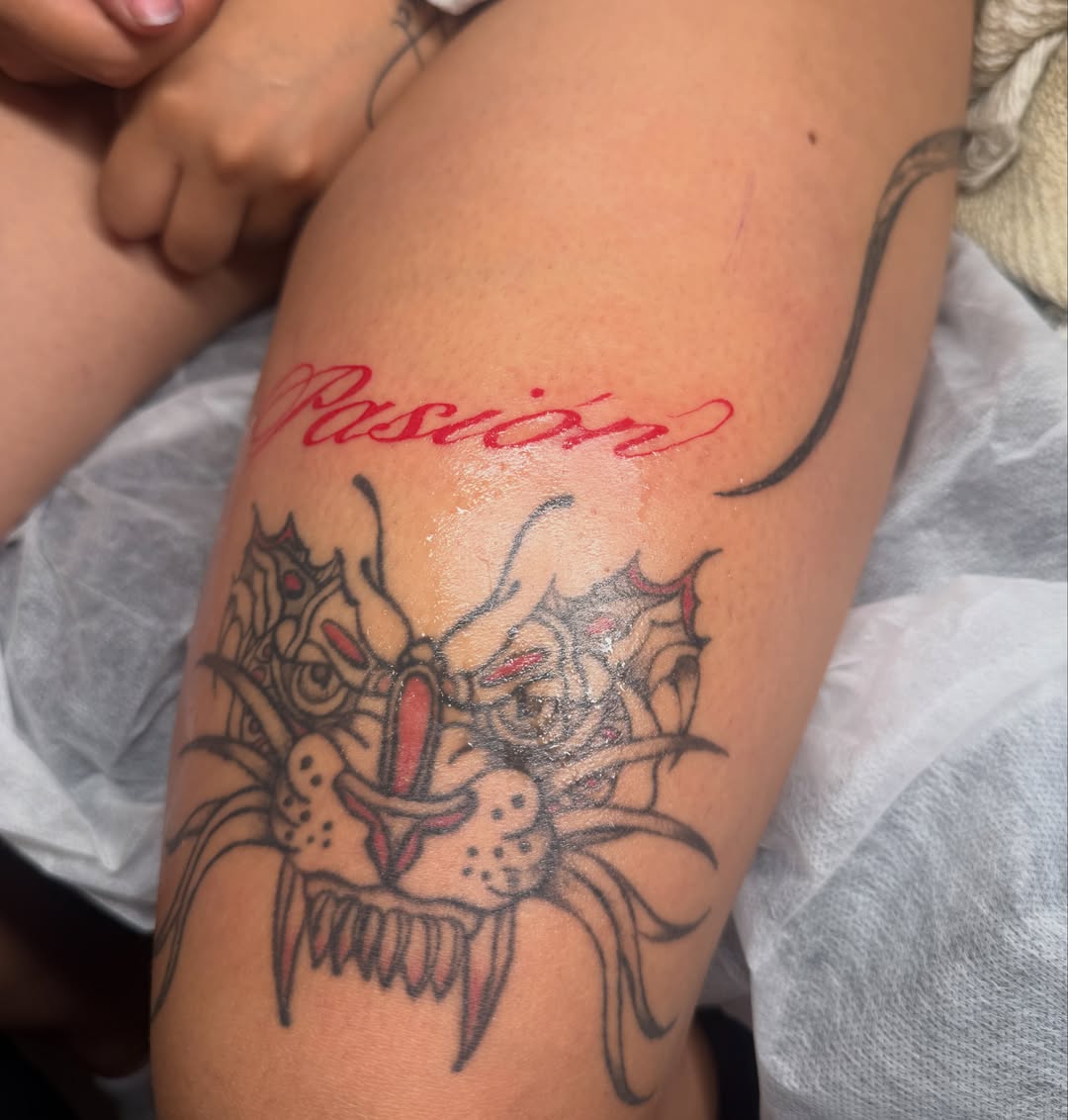 Passion neo-traditional tattoo on the thigh by nova ♡ˎˊ˗ tattoo apprentice