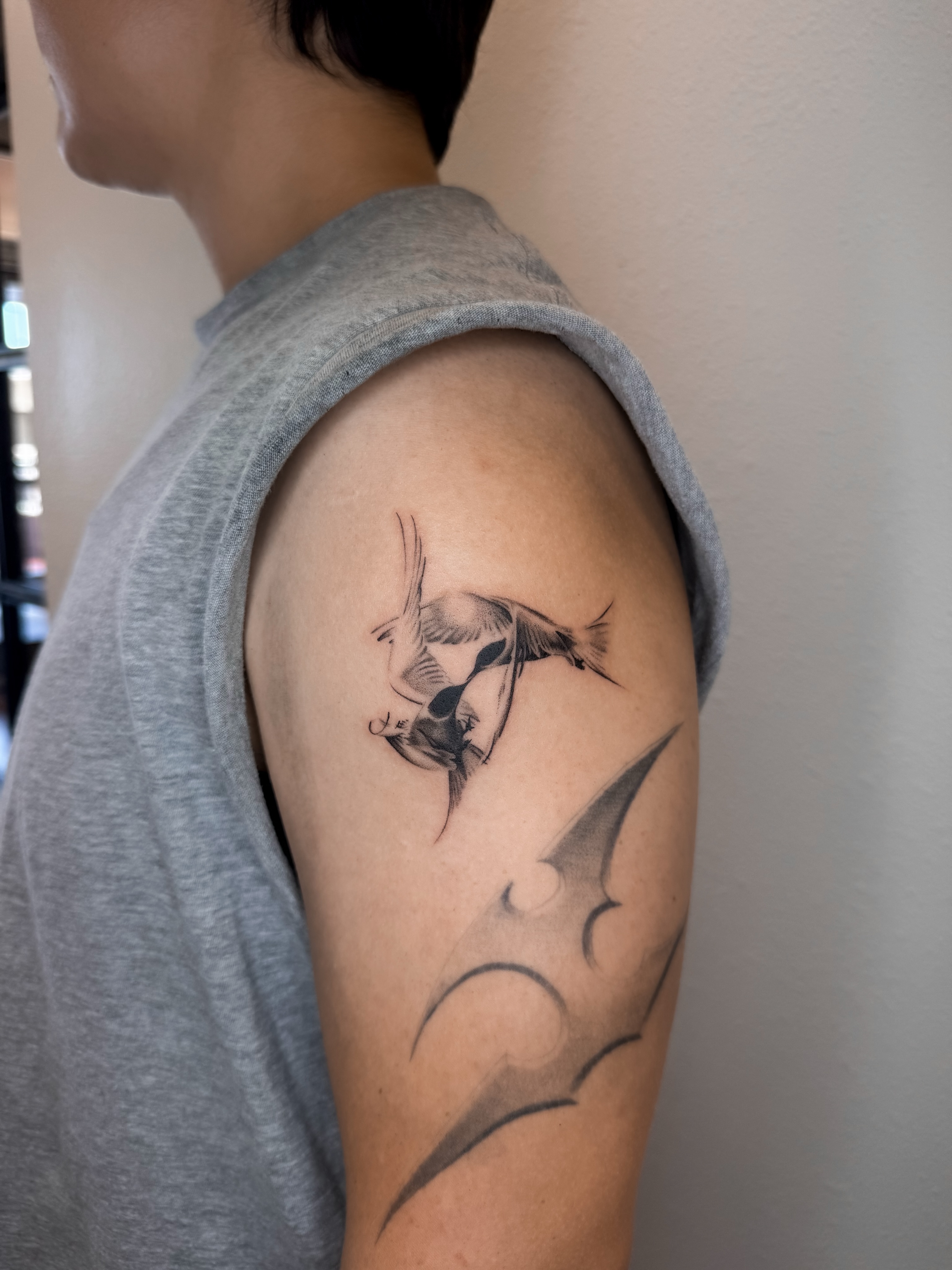 Bird black and grey tattoo on the shoulder by Rylee