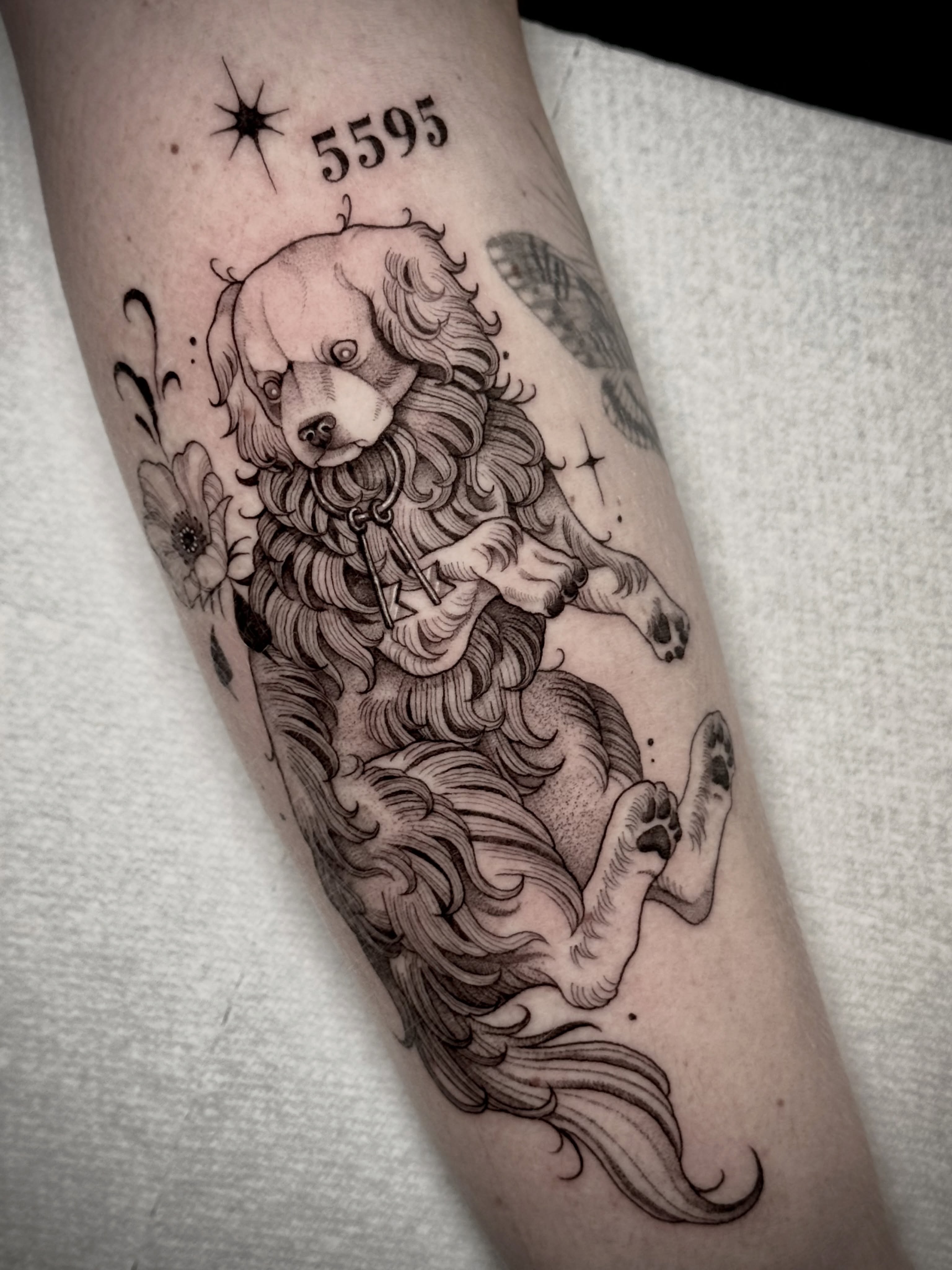 Poodle black and grey tattoo on the forearm by Melanie