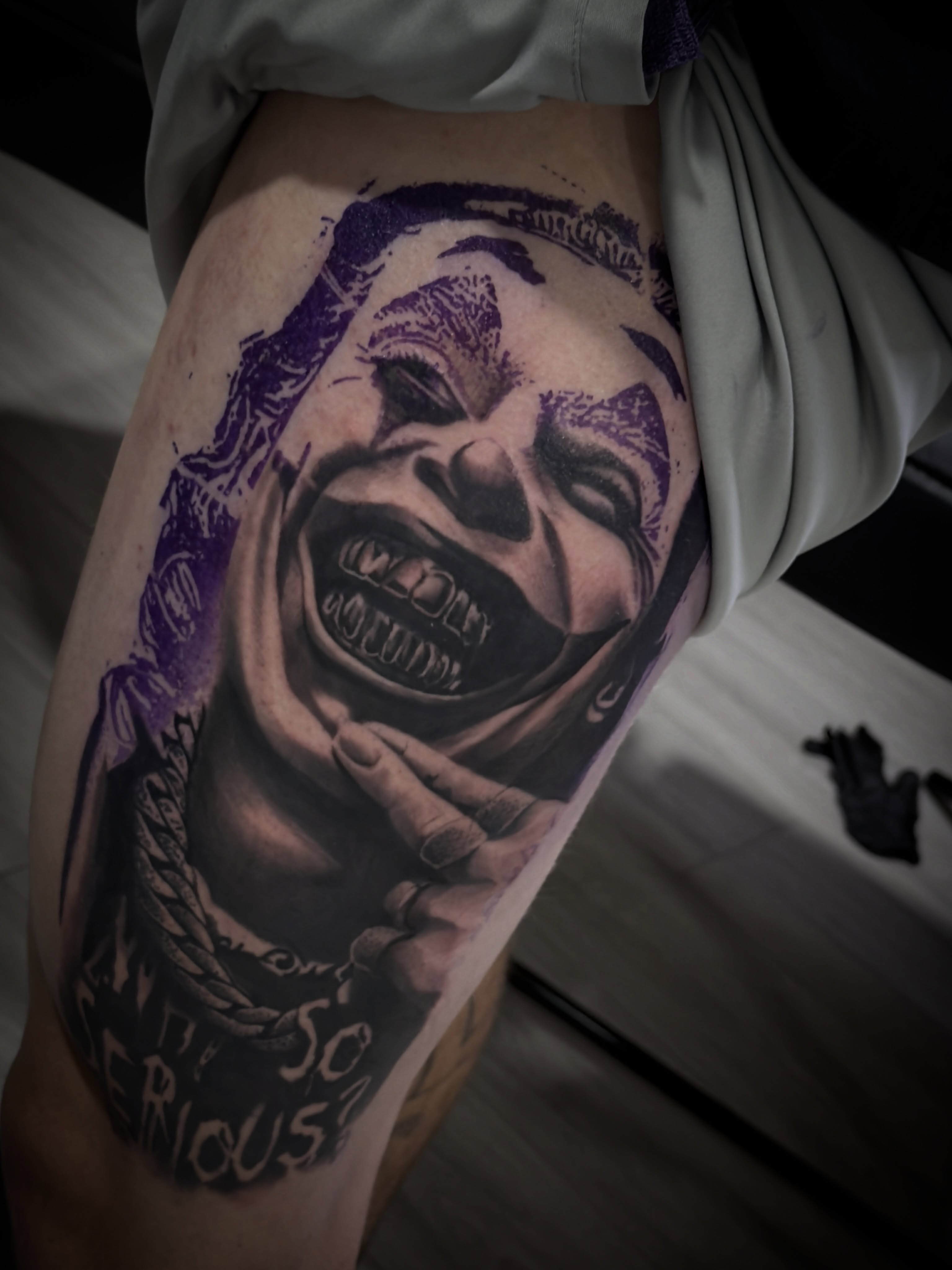 Joker dark realism tattoo on the thigh by Donald Reynolds