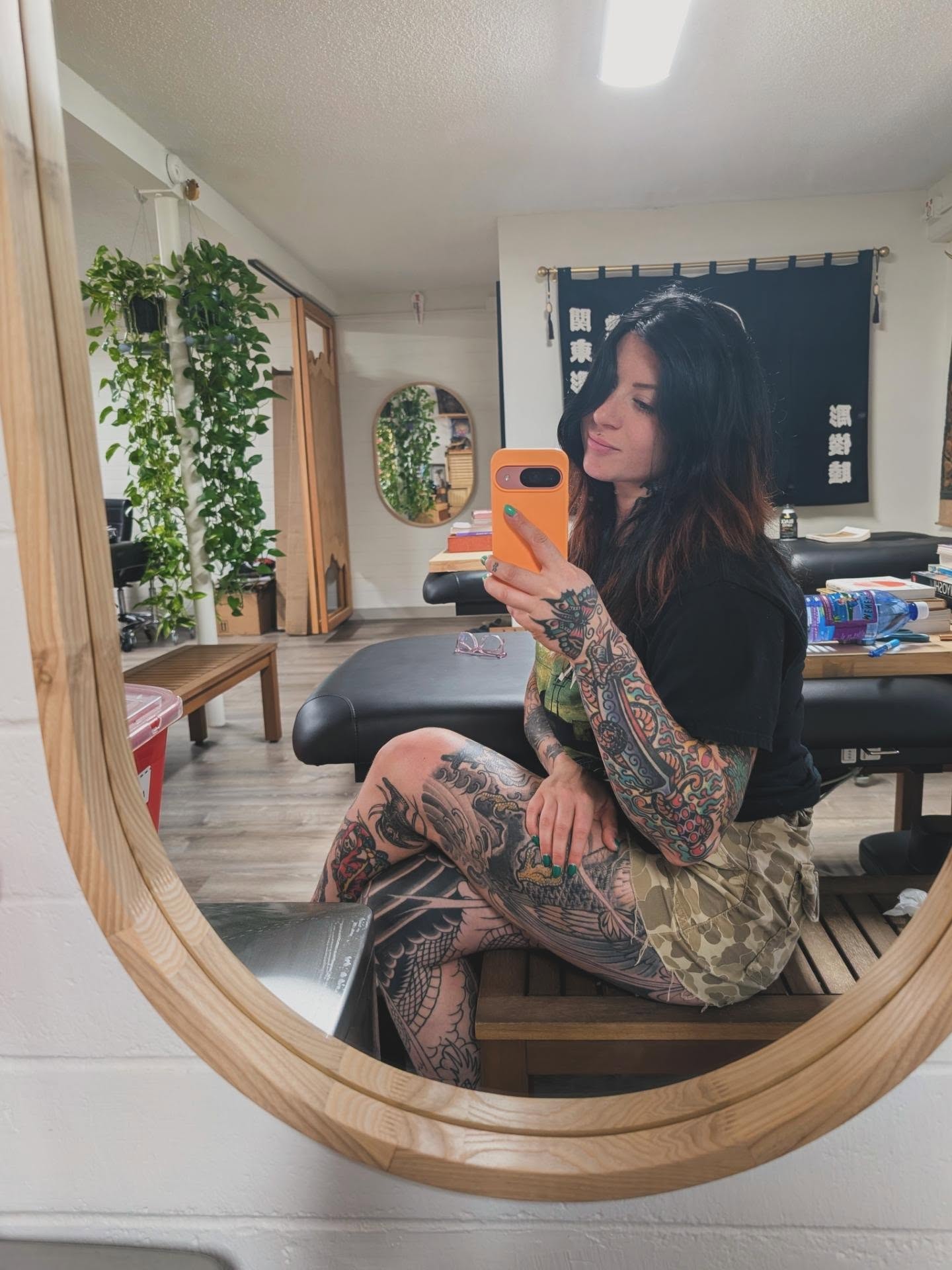 Dragon American traditional tattoo on the thigh by Angela Mukai