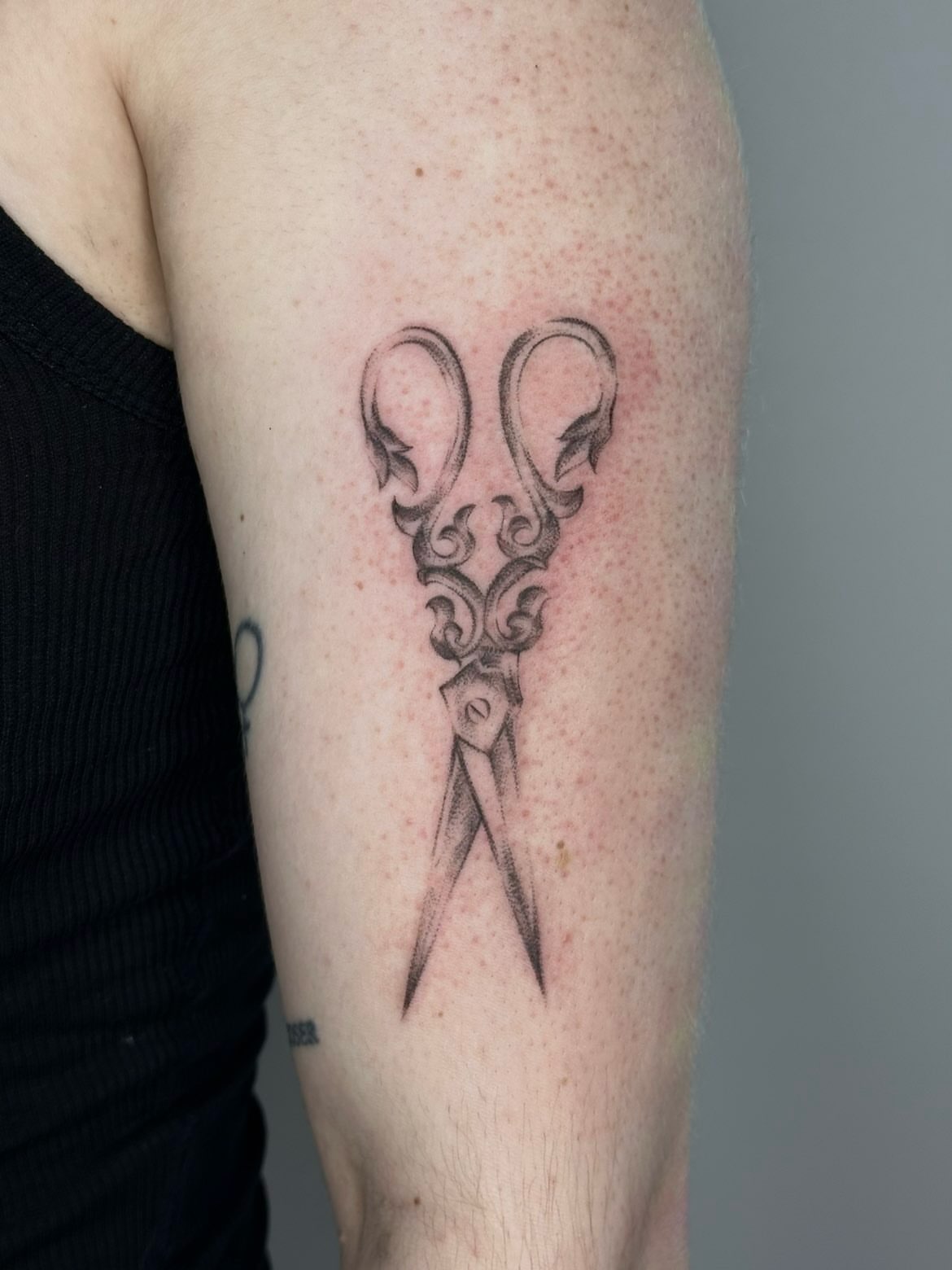 Scissors black and grey tattoo on the forearm by edie ☆ kansas tattoo artist, Lawrence, Kansas