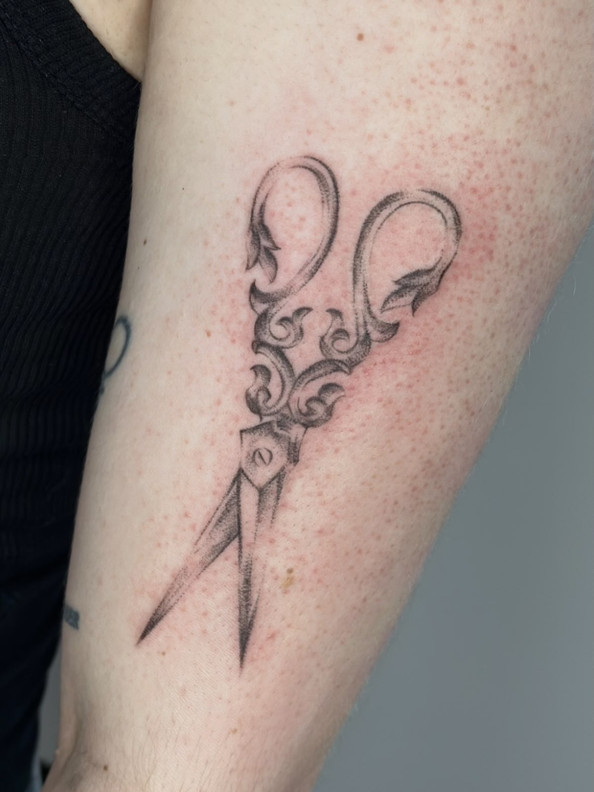 Scissors black and grey tattoo on the forearm by edie ☆ kansas tattoo artist, Lawrence, Kansas