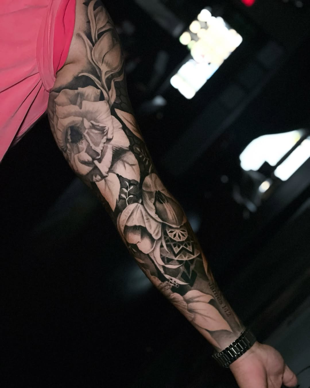 Floral sleeve with geometric elements Chicano tattoo on the forearm by Isabel (Izzy)