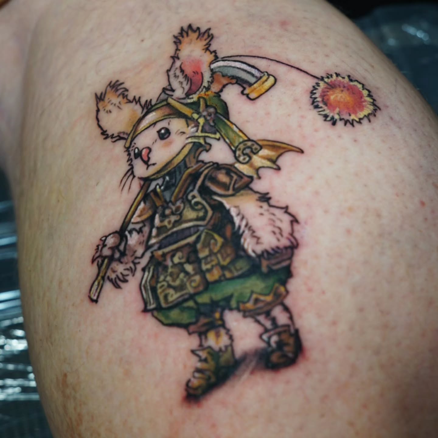 Animal warrior illustrative tattoo on the thigh by Bo