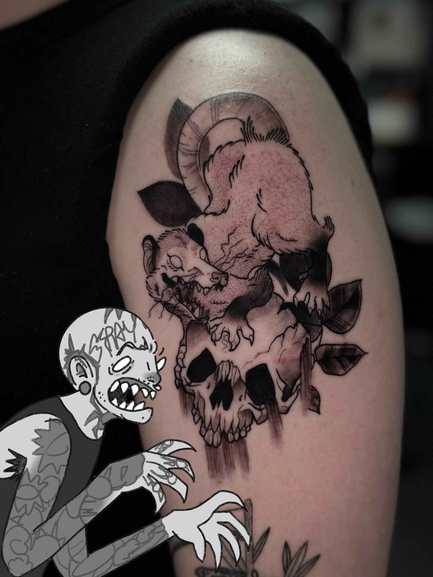 Zombie and skull dark realism tattoo on the shoulder by Erin Morbid