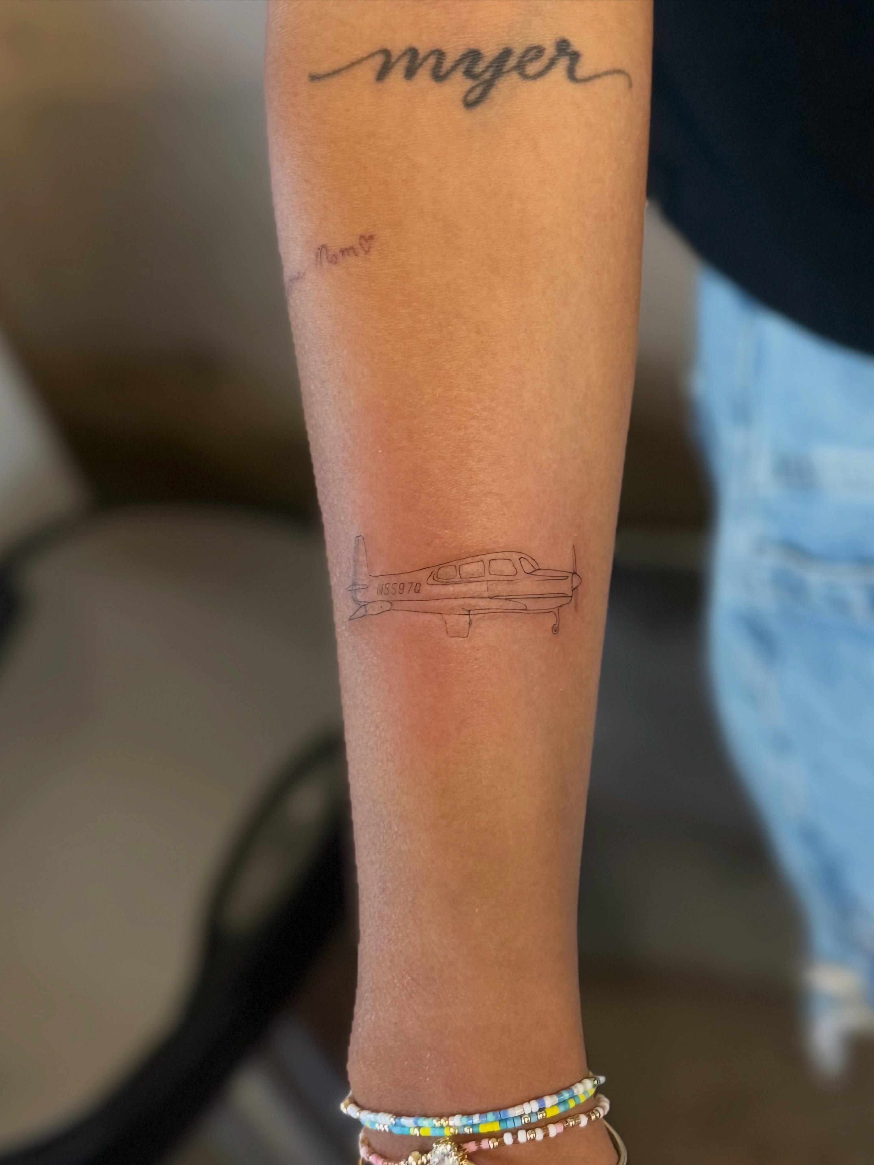 Airplane fine line tattoo on the forearm by 𝙸𝚗𝚔𝚊𝚗𝚍𝚕𝚒𝚕𝚢𝚜 🤎💉🐻🌸