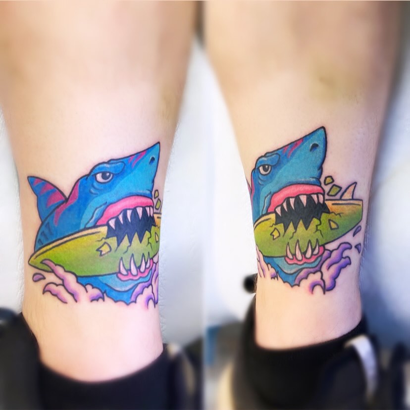Shark surfing new school tattoo on the calf by San Diego Tattoo Artist