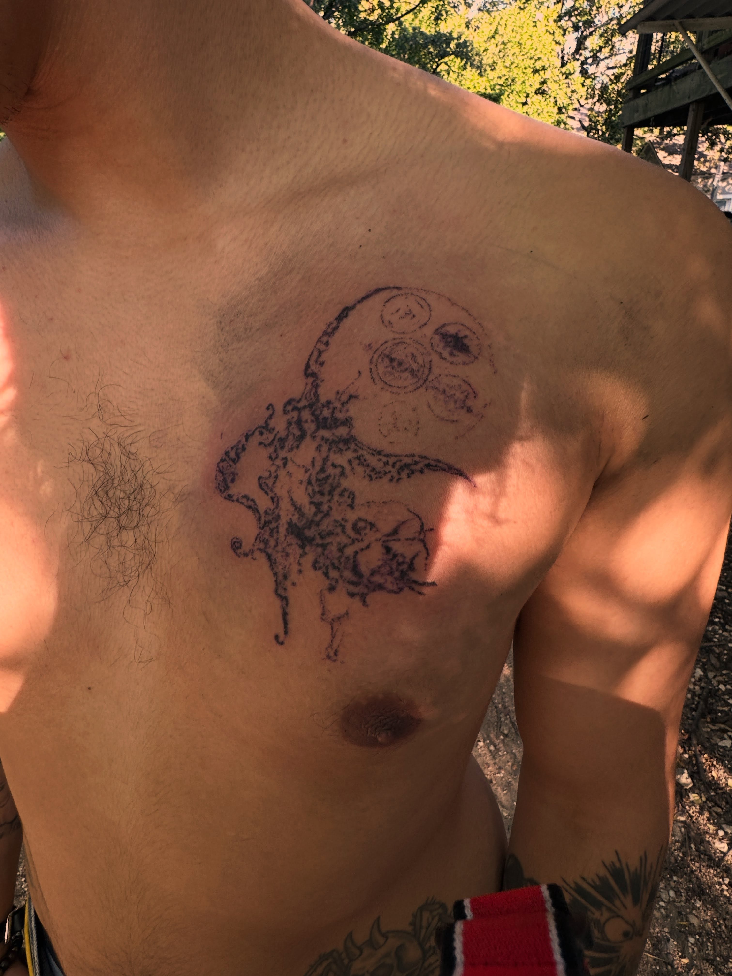 Moon and celestial bodies black and grey tattoo on the chest by Swag Originator
