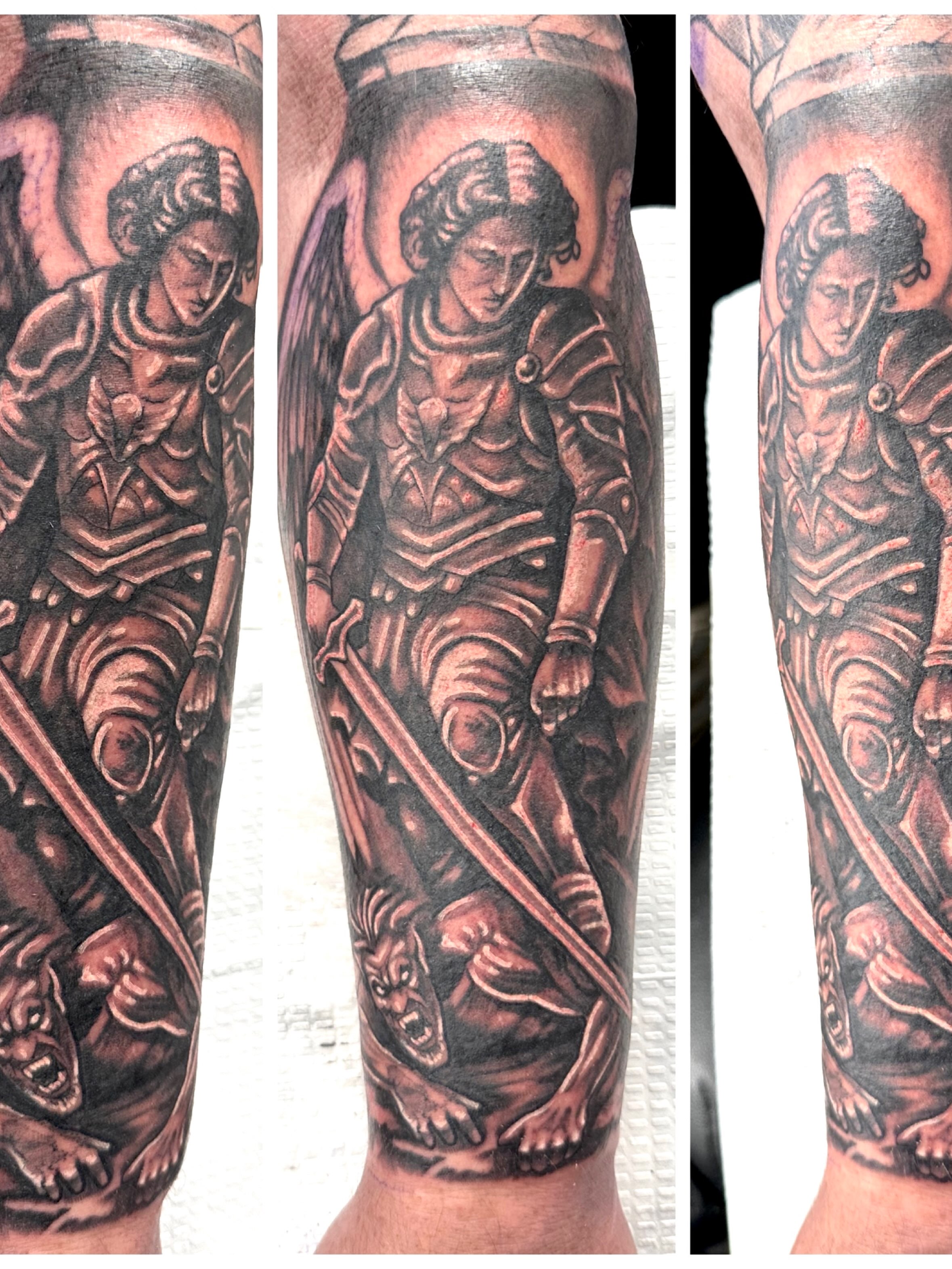 Saint and demons realism tattoo on the forearm by Vincent Merys