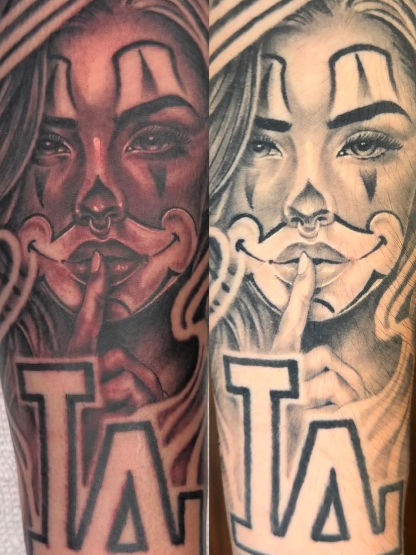 Woman with mustache realism tattoo on the forearm by Las Vegas Tattoo Artist