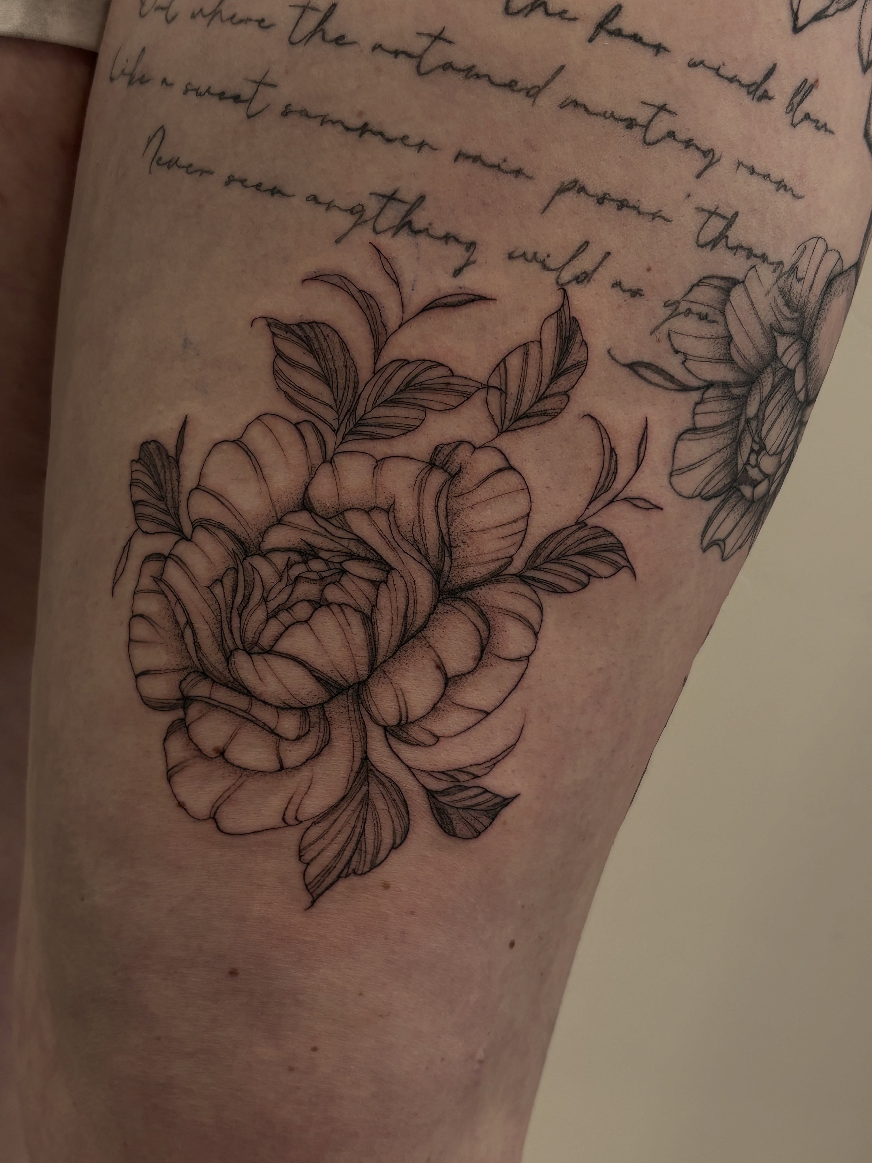 Peony black and grey tattoo on the thigh by Tayler, Tooele, Utah