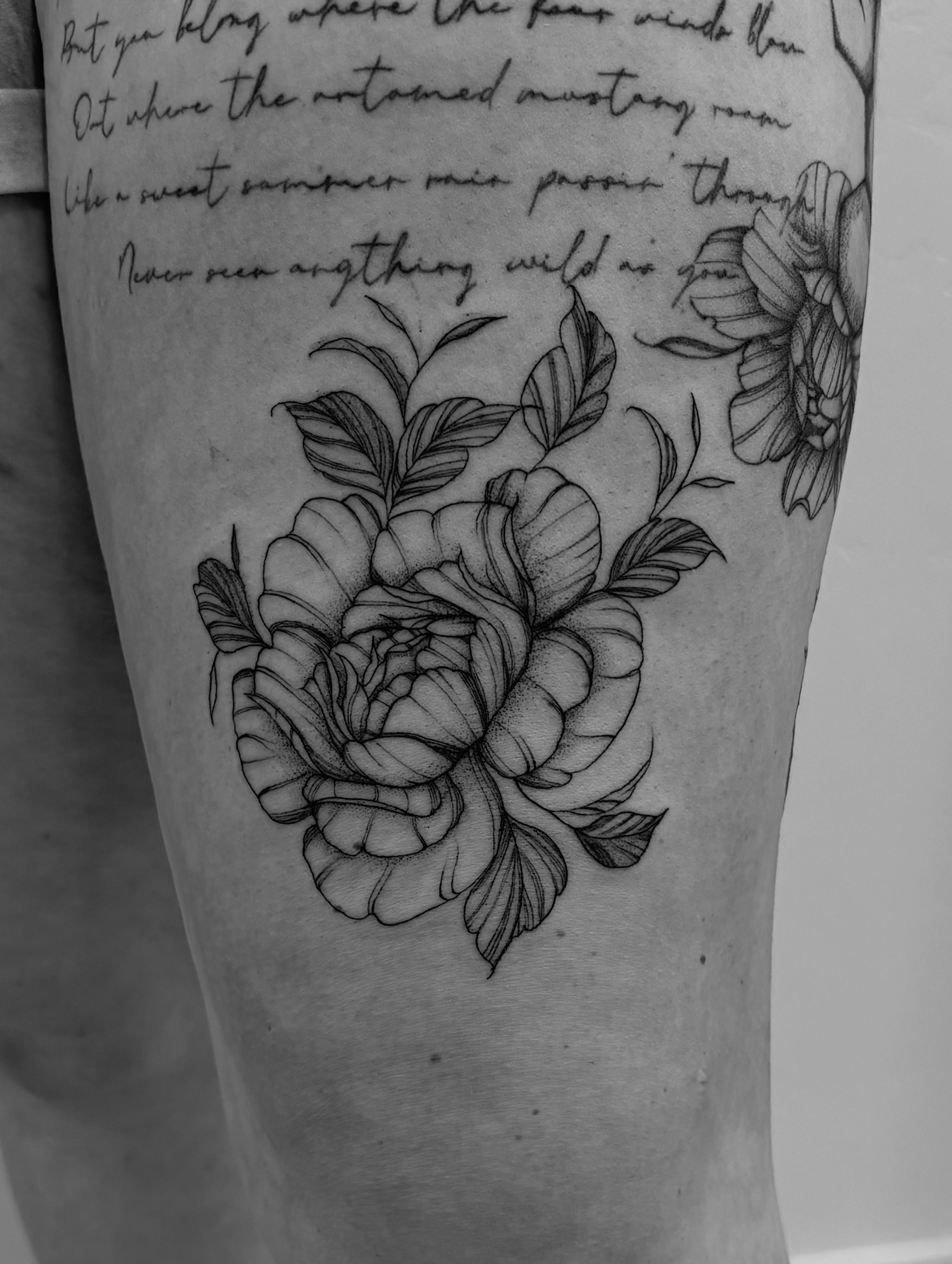 Peony black and grey tattoo on the forearm by Tayler, Tooele, Utah