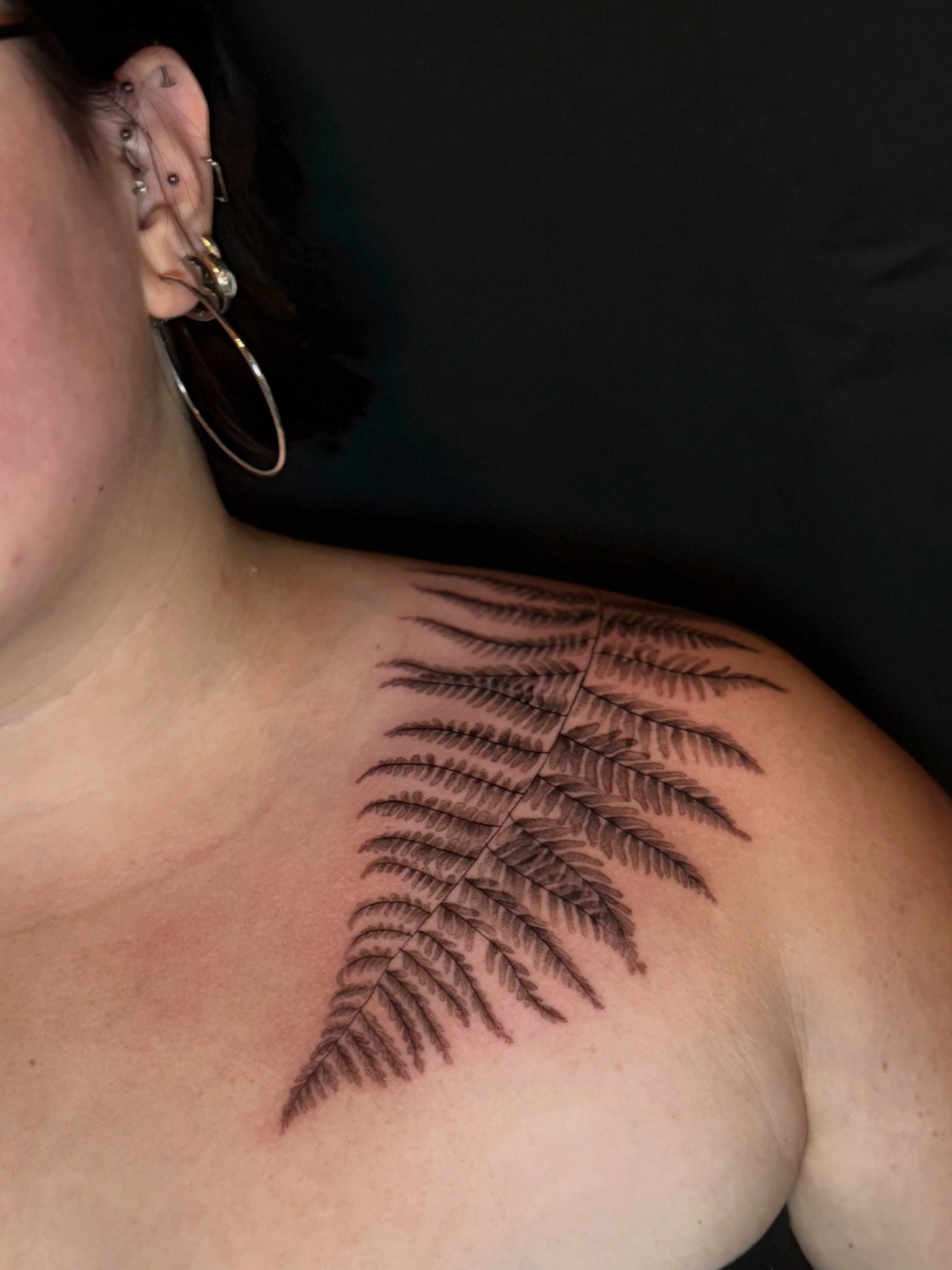 Fern leaf black and grey tattoo on the shoulder by Olivia, Royal Oak, Michigan