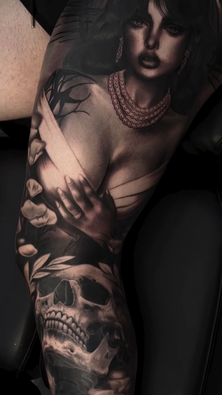 Woman and skull realism tattoo by Michael Sosa