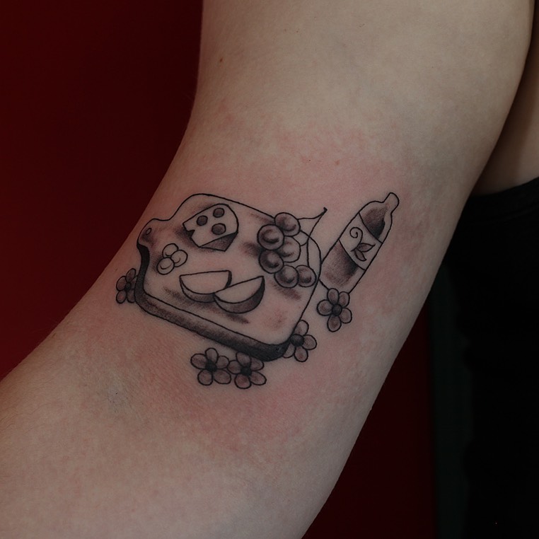Picnic spread black and grey tattoo on the forearm by adrienne mae ❀