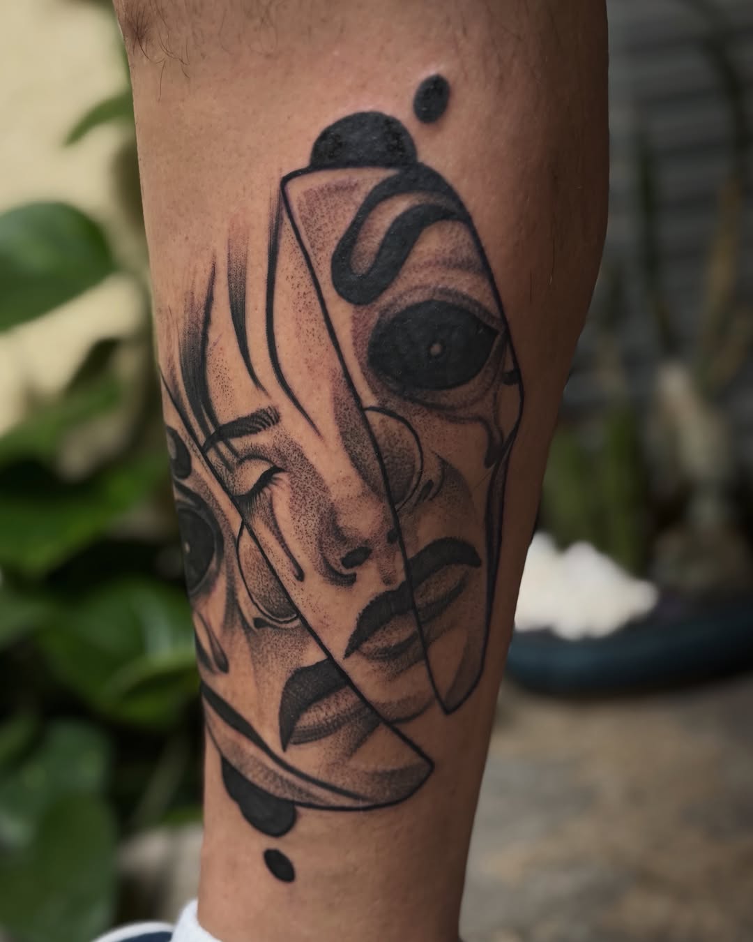 Abstract face dotwork tattoo on the forearm by 💞Juju💕