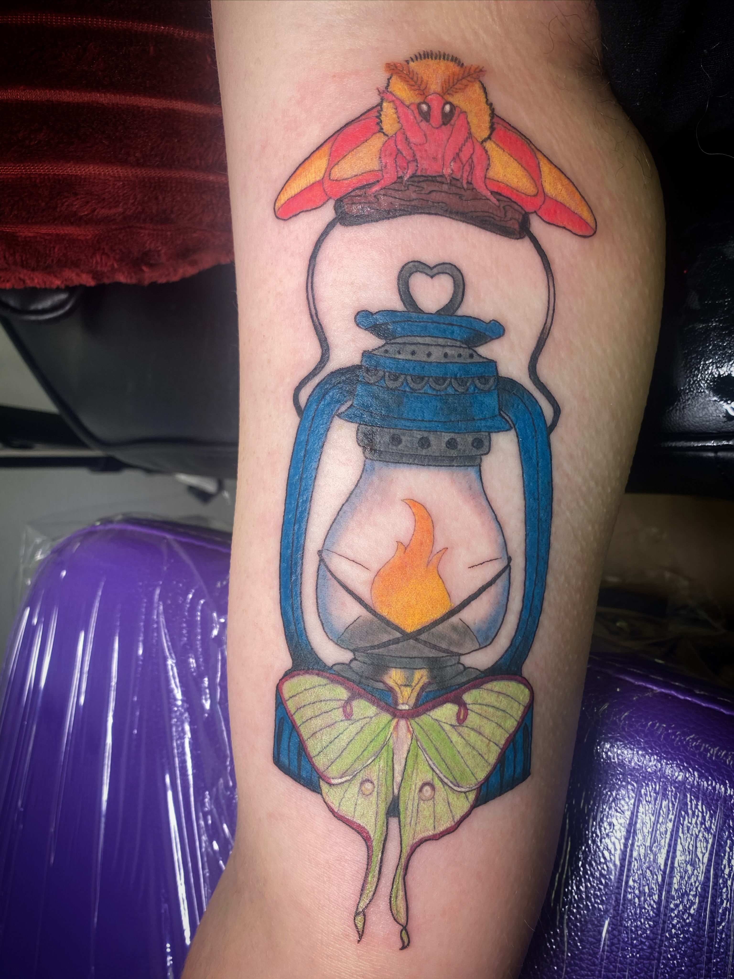 Moth and lantern illustrative tattoo on the forearm by Katie Leeper