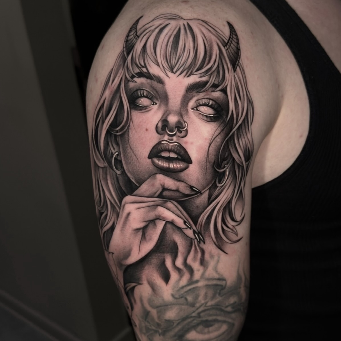 Woman smoking realism tattoo on the forearm by Mel K Lockett - Nashville Tattoo Artist