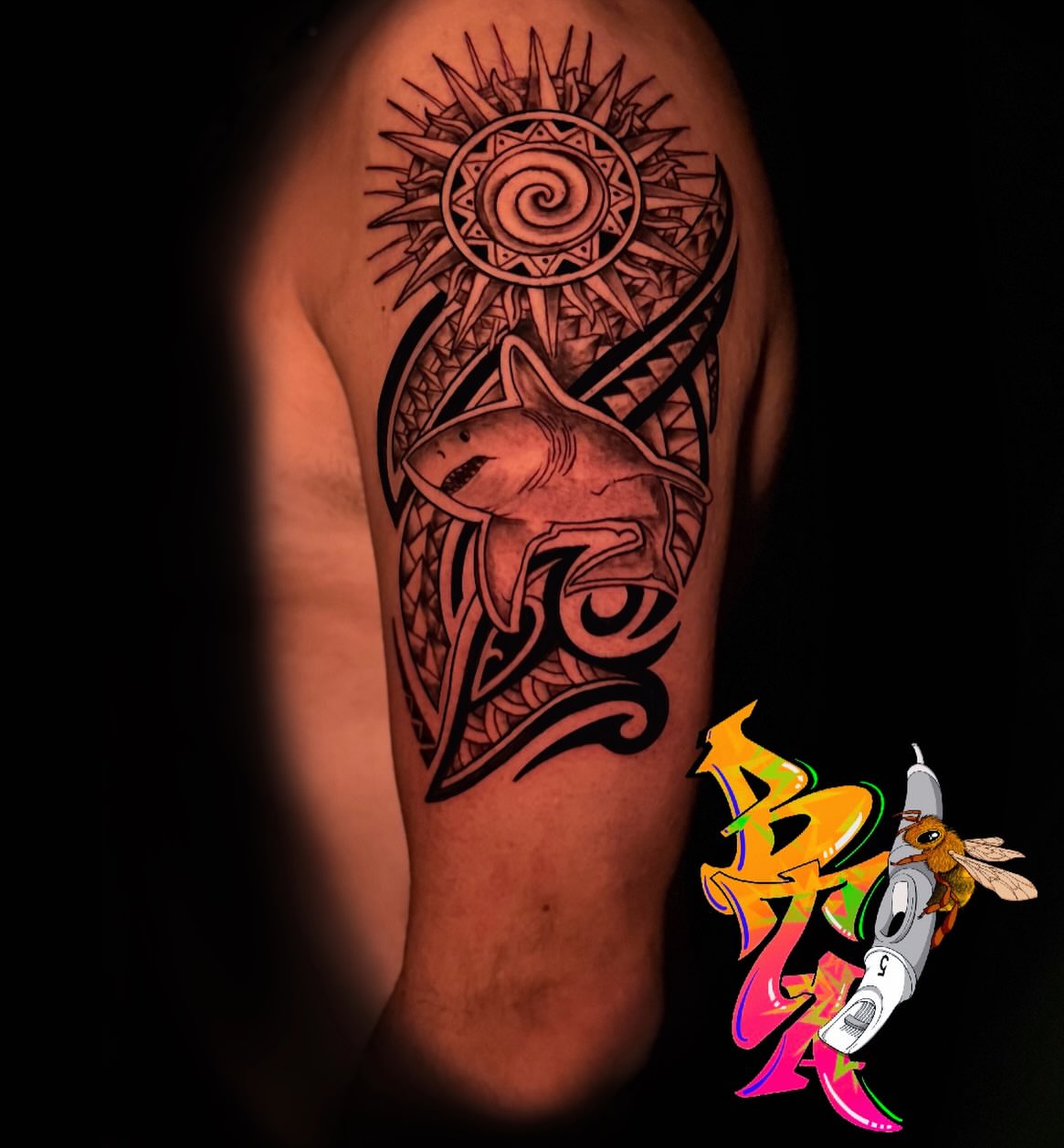 Shark and sun tribal tattoo on the forearm by Blair The Artist!