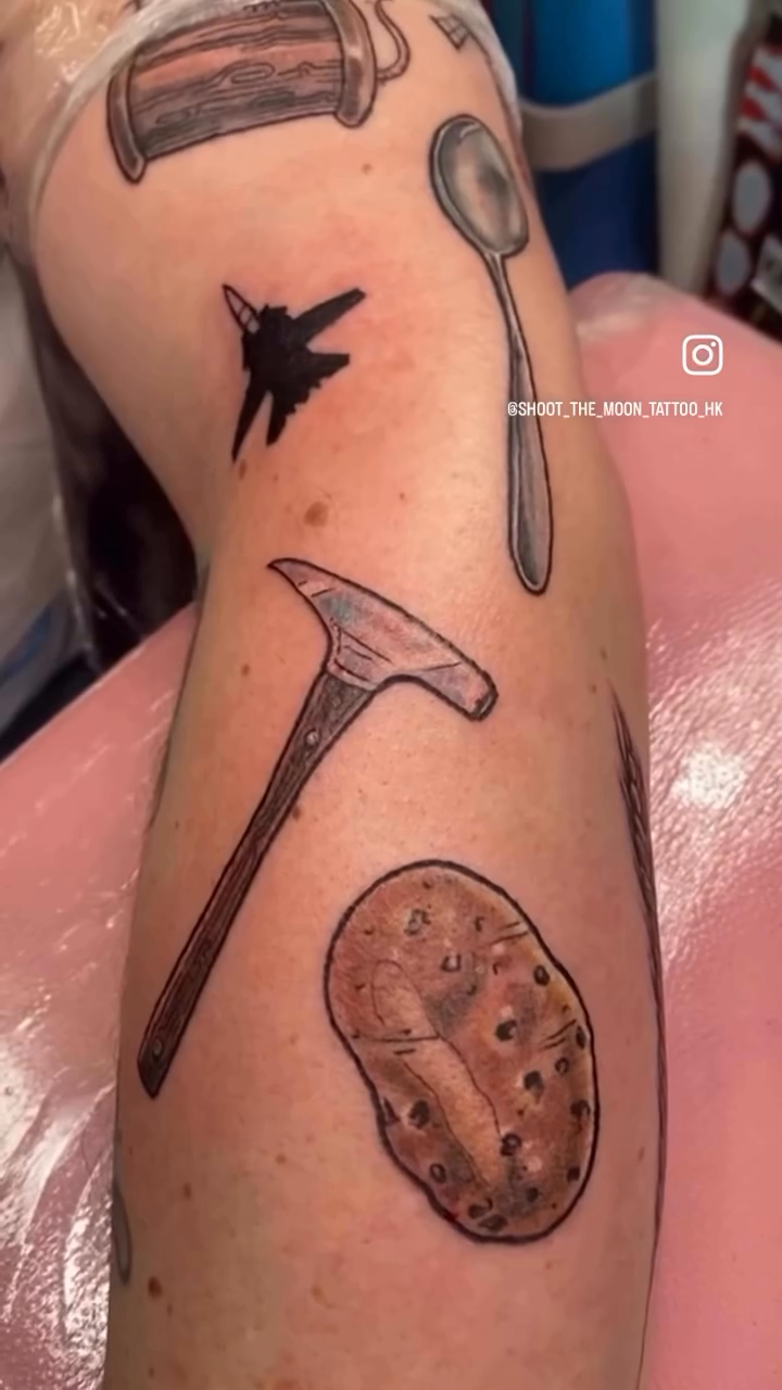 Collection of objects minimalist tattoo on the forearm by julia seizure - tattooist