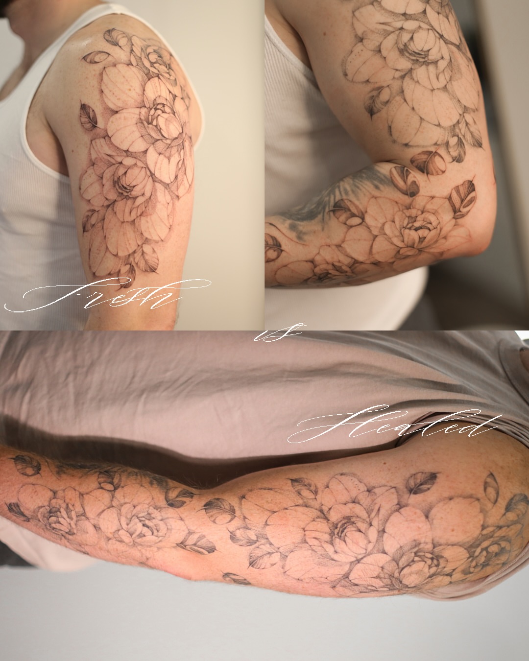 Floral bouquet black and grey tattoo on the upper arm by Inna Petrova, Kitchener, Ontario