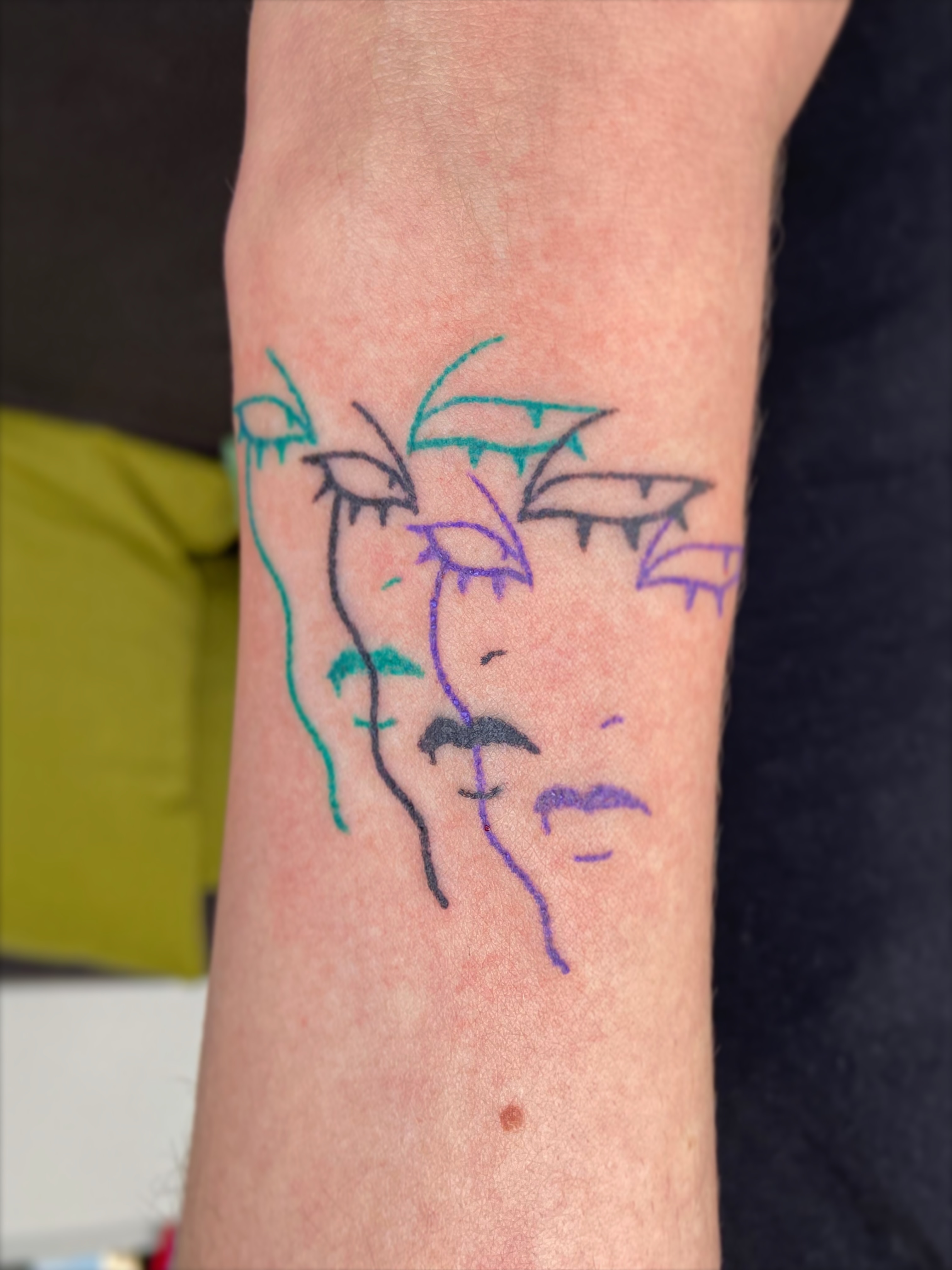 Abstract face geometric tattoo on the forearm by Kasia ✨jedyny taki handpoke w katowicach✨