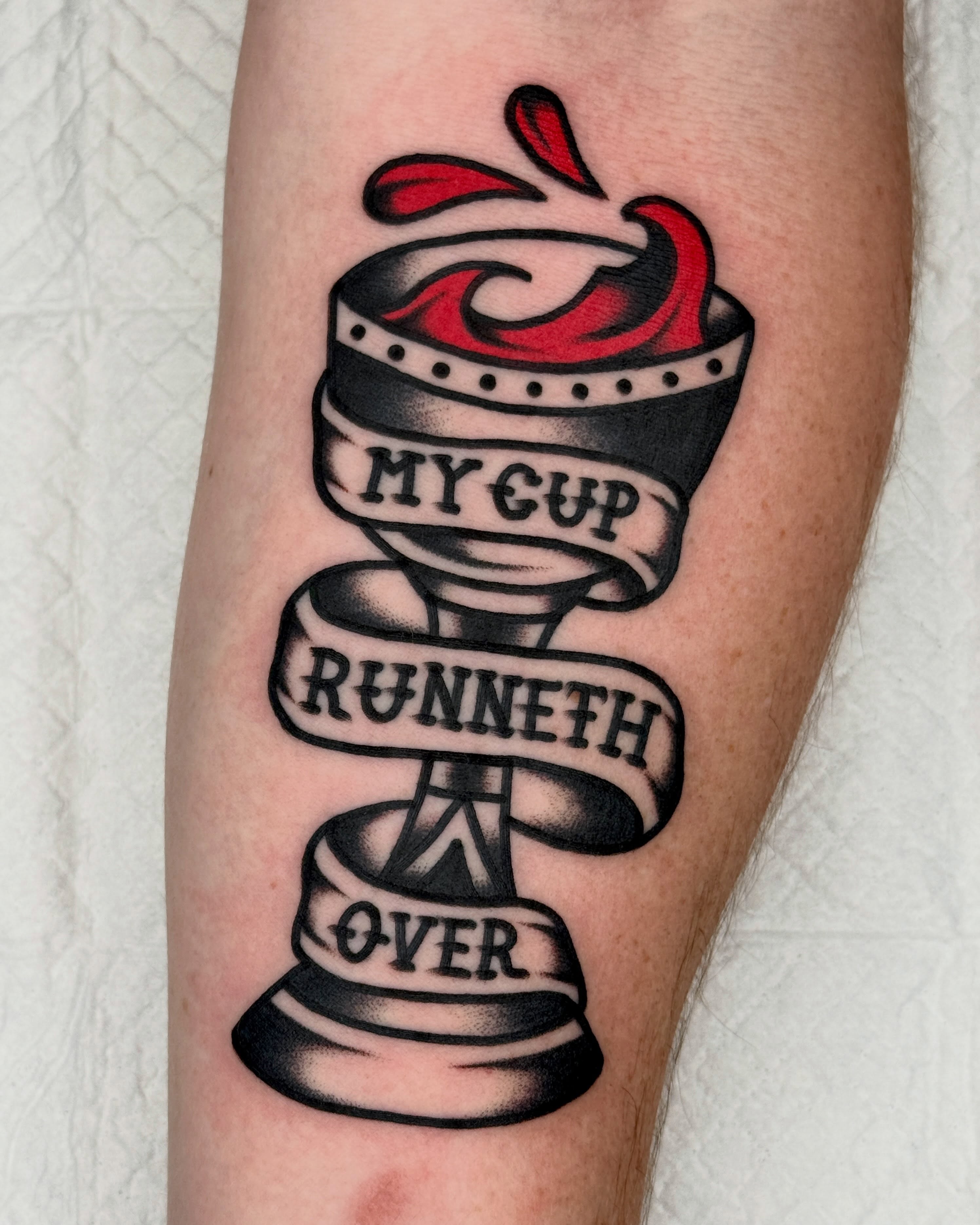 My cup runneth over American traditional tattoo on the forearm by 올드스쿨타투 블랙스쿨타투 부천타투 알로