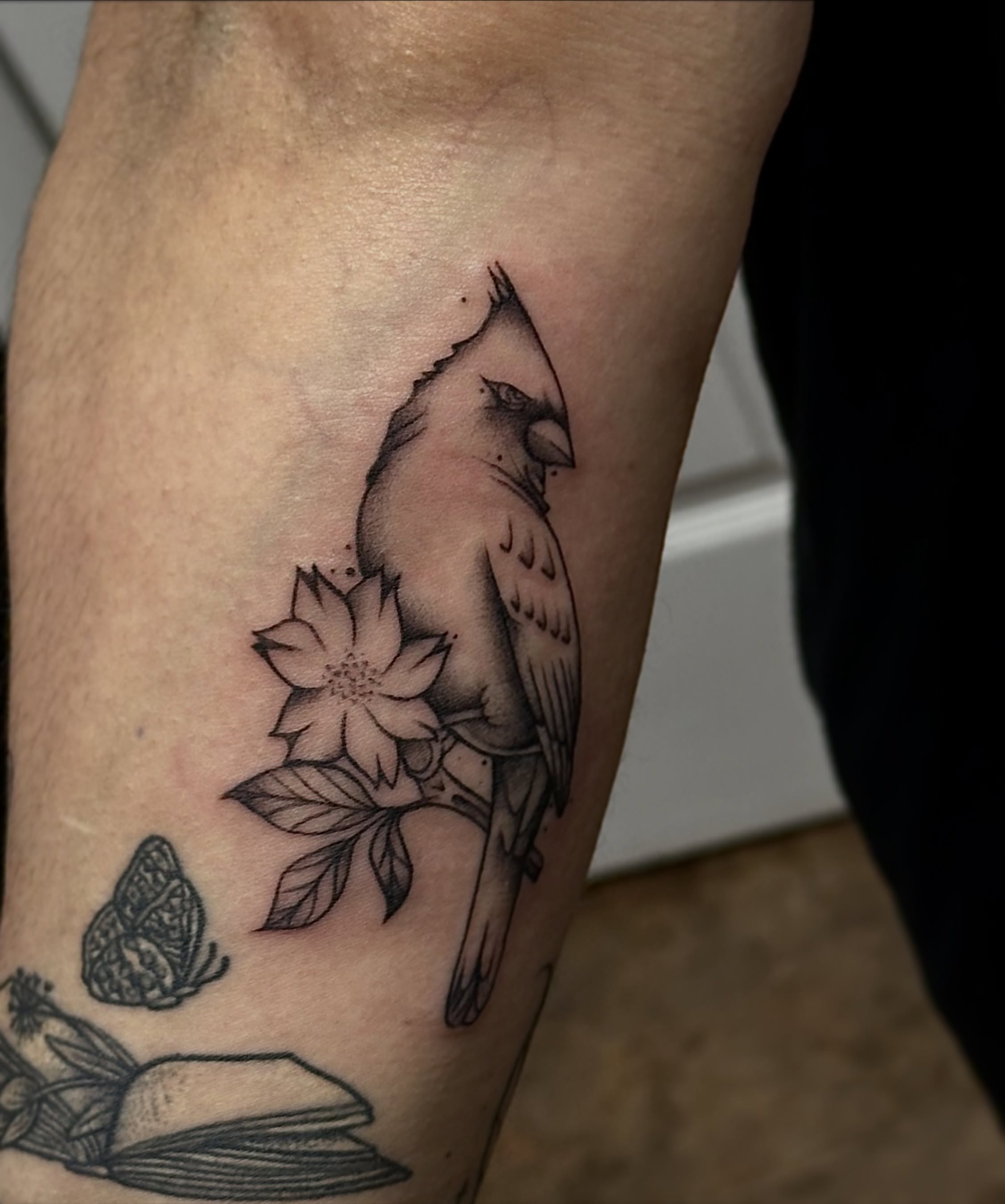 Cardinal bird and flower black and grey tattoo on the forearm by Jocelyn