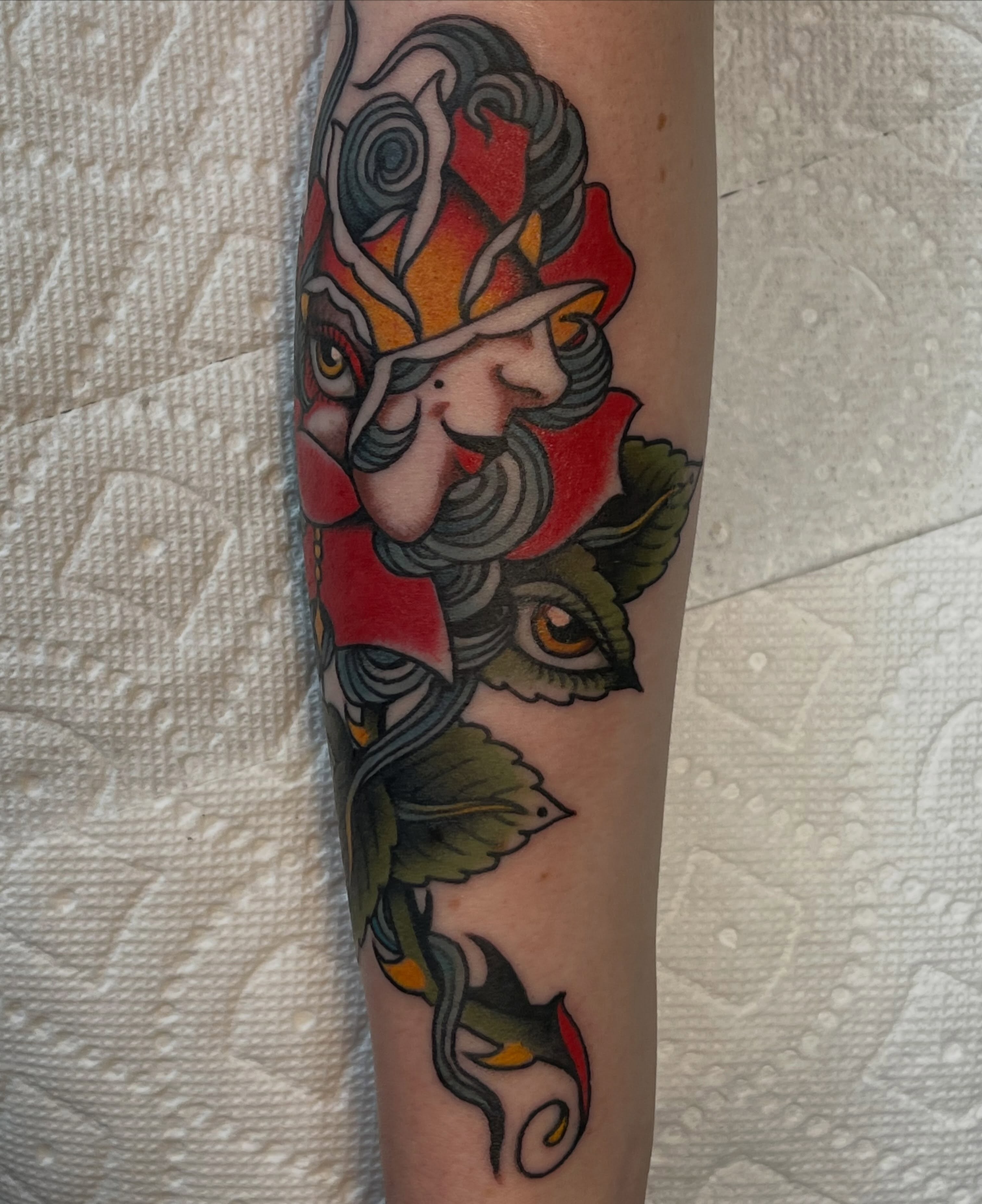 Man with mustache American traditional tattoo on the forearm by Matt E.