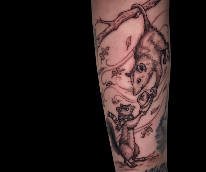 Possums black and grey tattoo on the forearm by Sam DiBiase