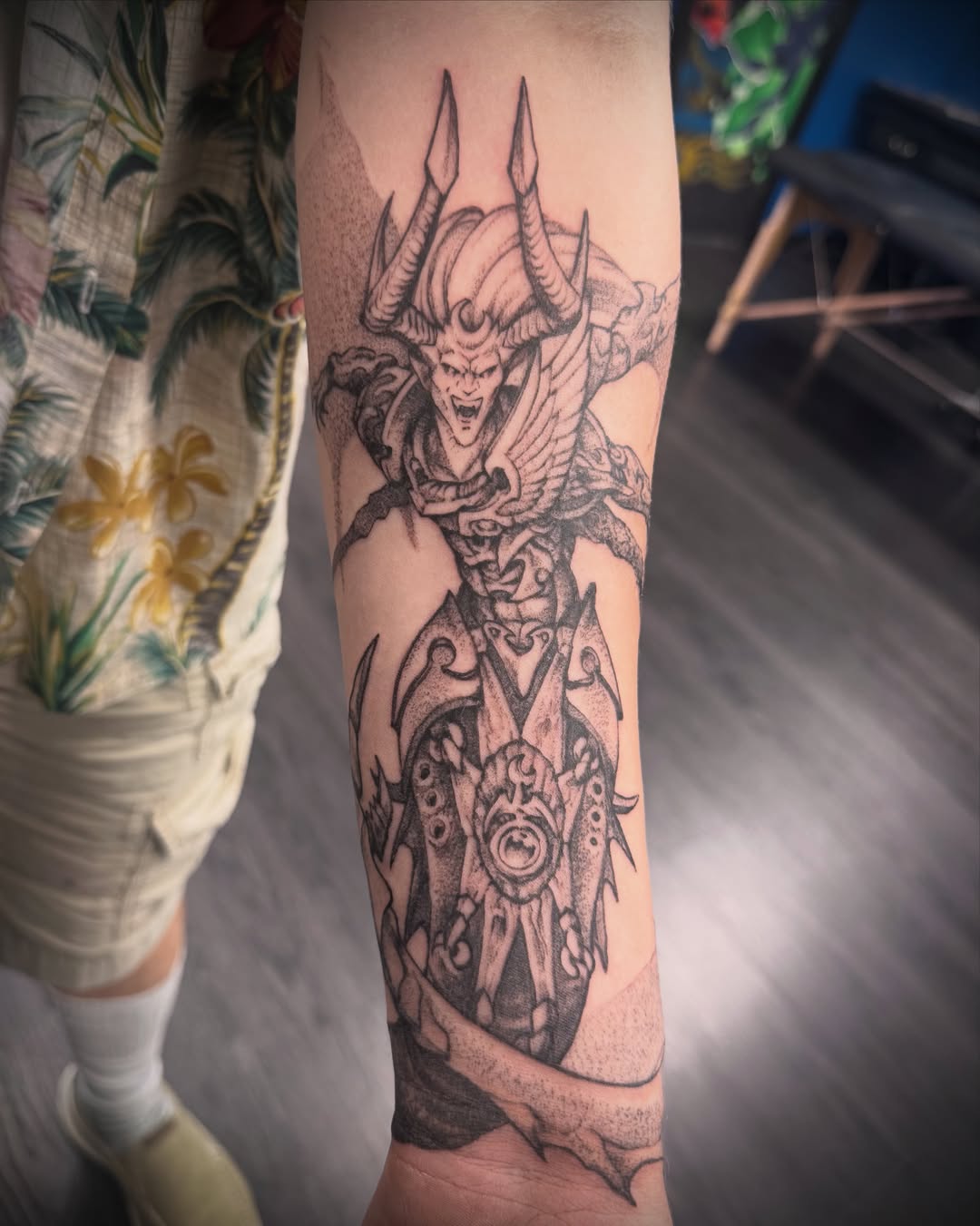 Demon warrior dotwork tattoo on the forearm by IX