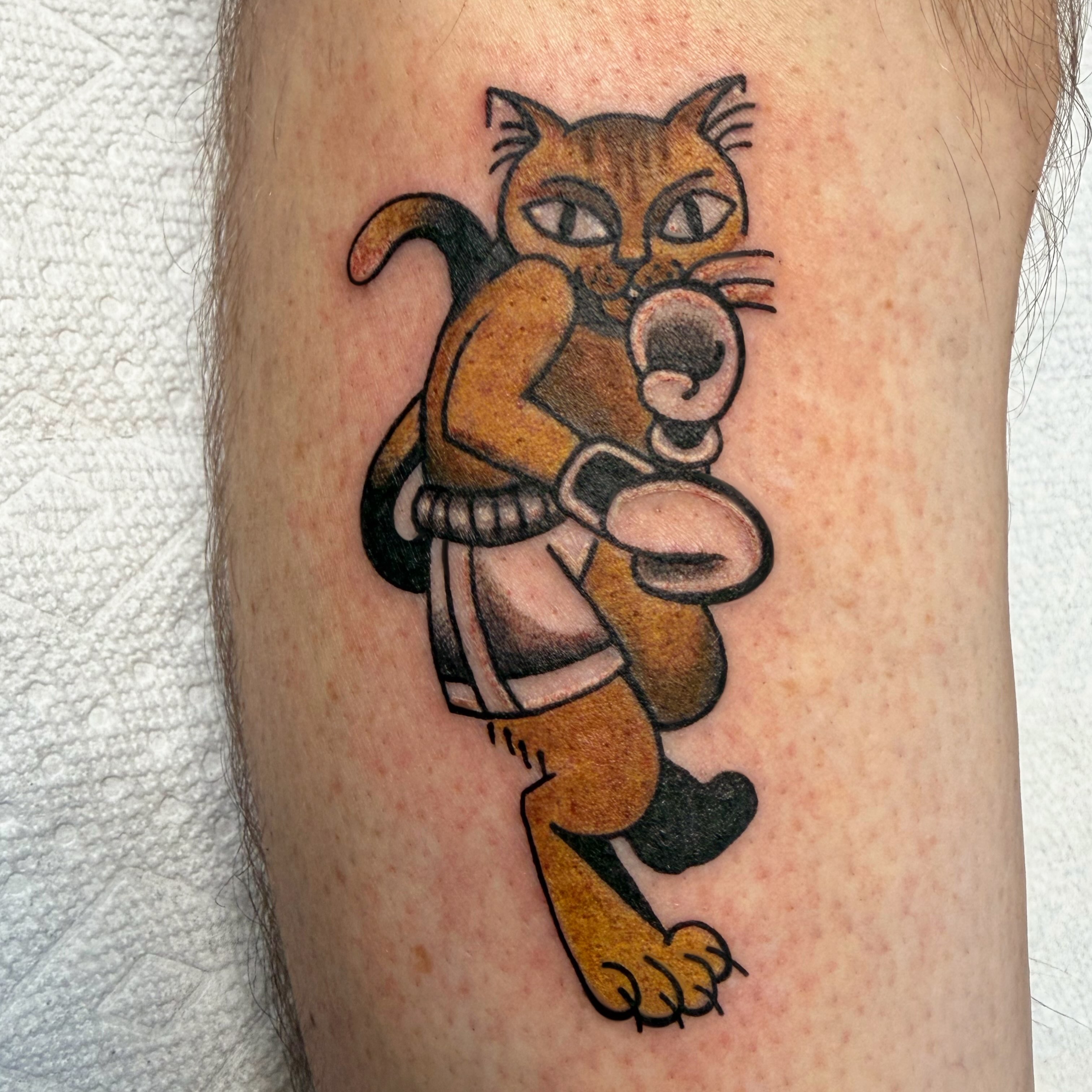 Cat American traditional tattoo on the forearm by Ashley Lambert