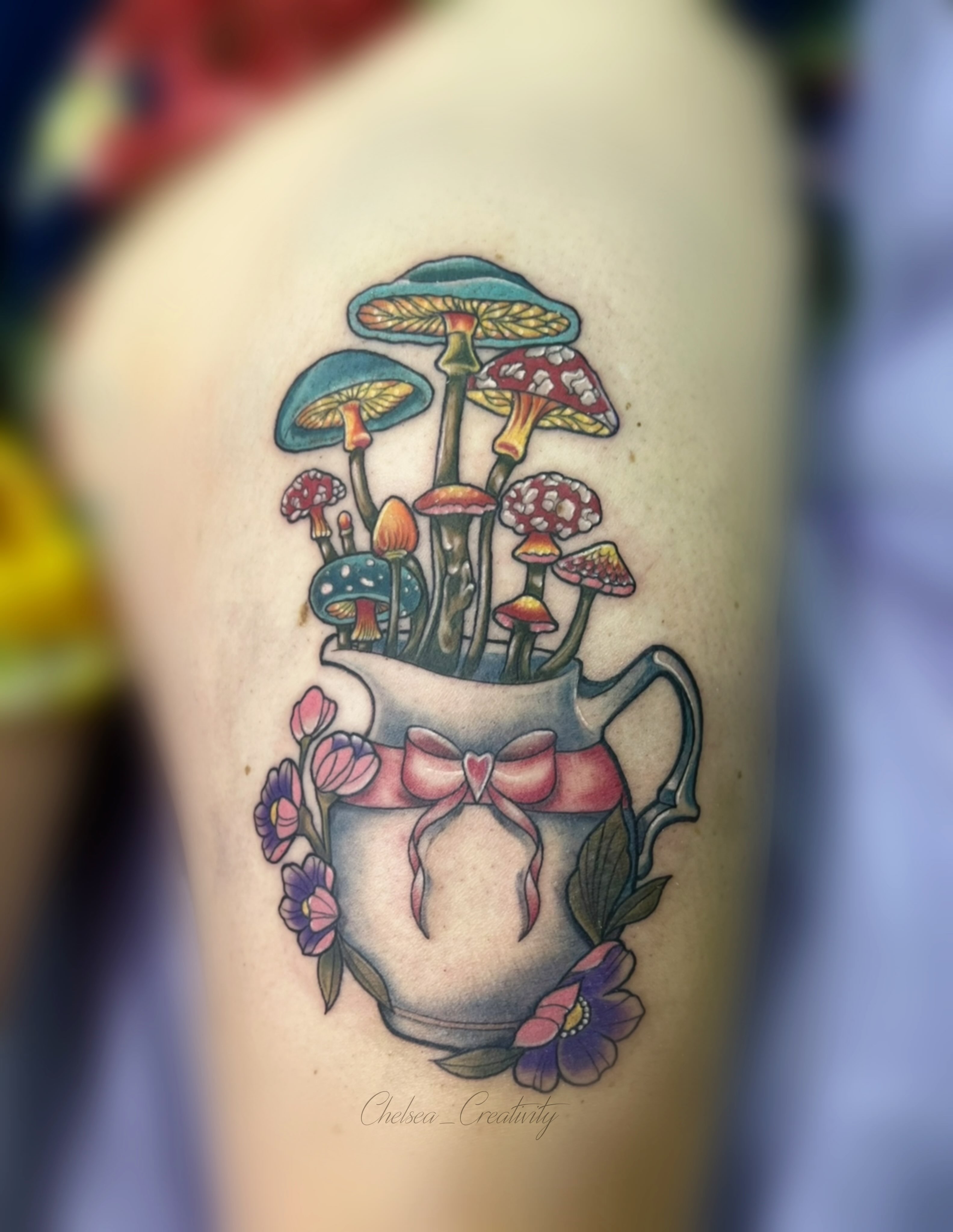 Mushroom arrangement new school tattoo on the forearm by Chelsea Nichole