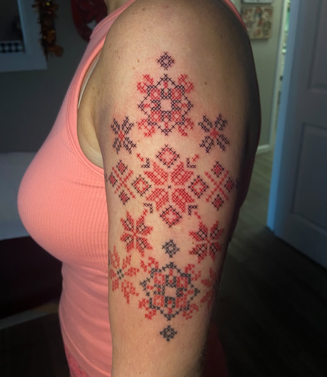 Cross-stitch pattern geometric tattoo on the forearm by โ๏ธ ๐๐ฎ๐ฐ๐ธ๐ถ๐ฒ โ๏ธ