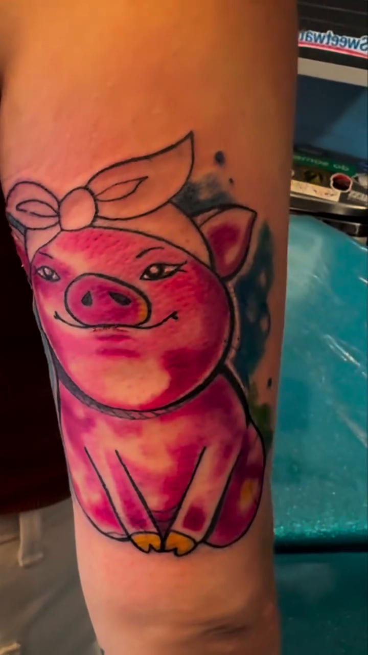 Pig new school tattoo by Misty Dawn Brothers, Dayton, Ohio