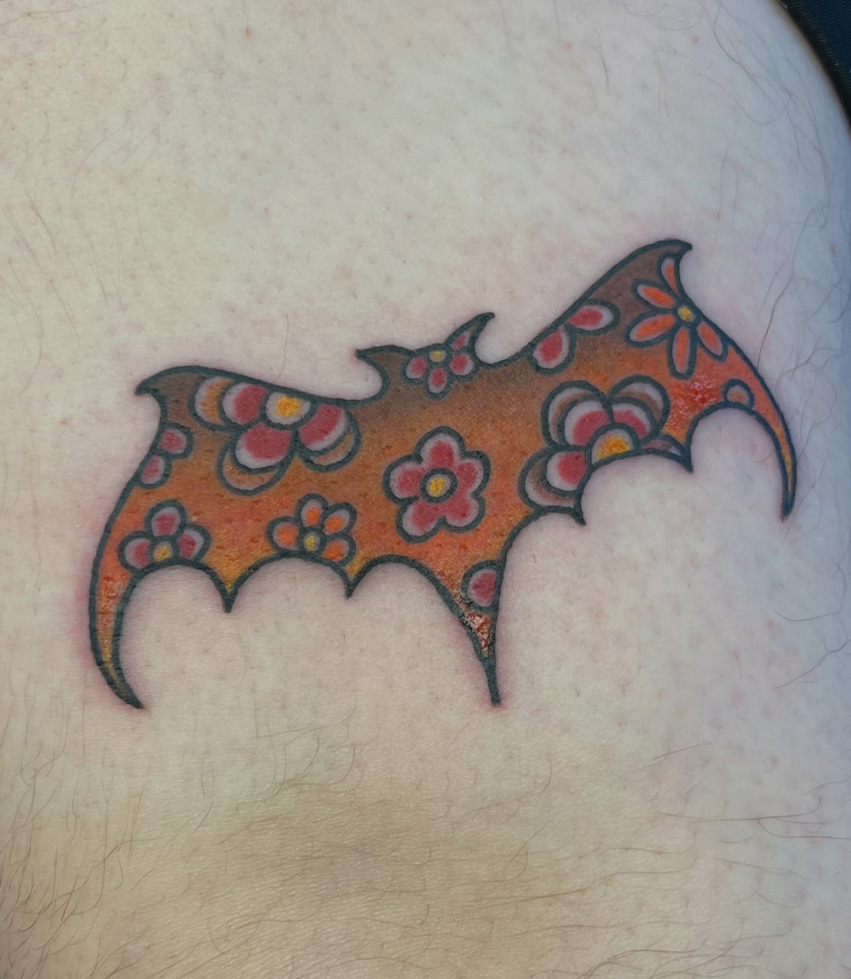 Bat new school tattoo on the thigh by Danielle Lorandeau