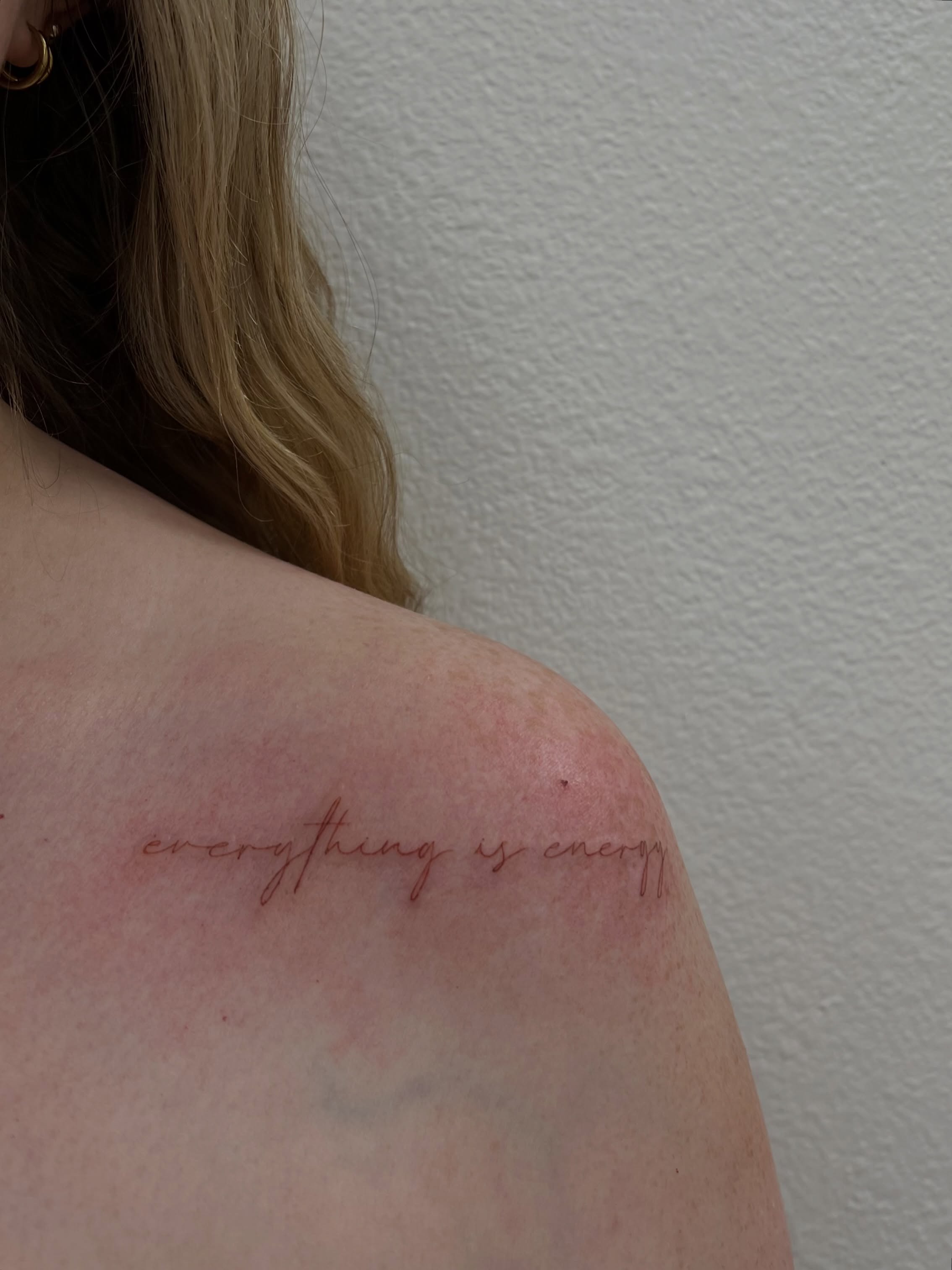 Everything is energy lettering script tattoo on the shoulder by Vanessa ♡ UTAH FINE LINE TATTOO + LIP BLUSH