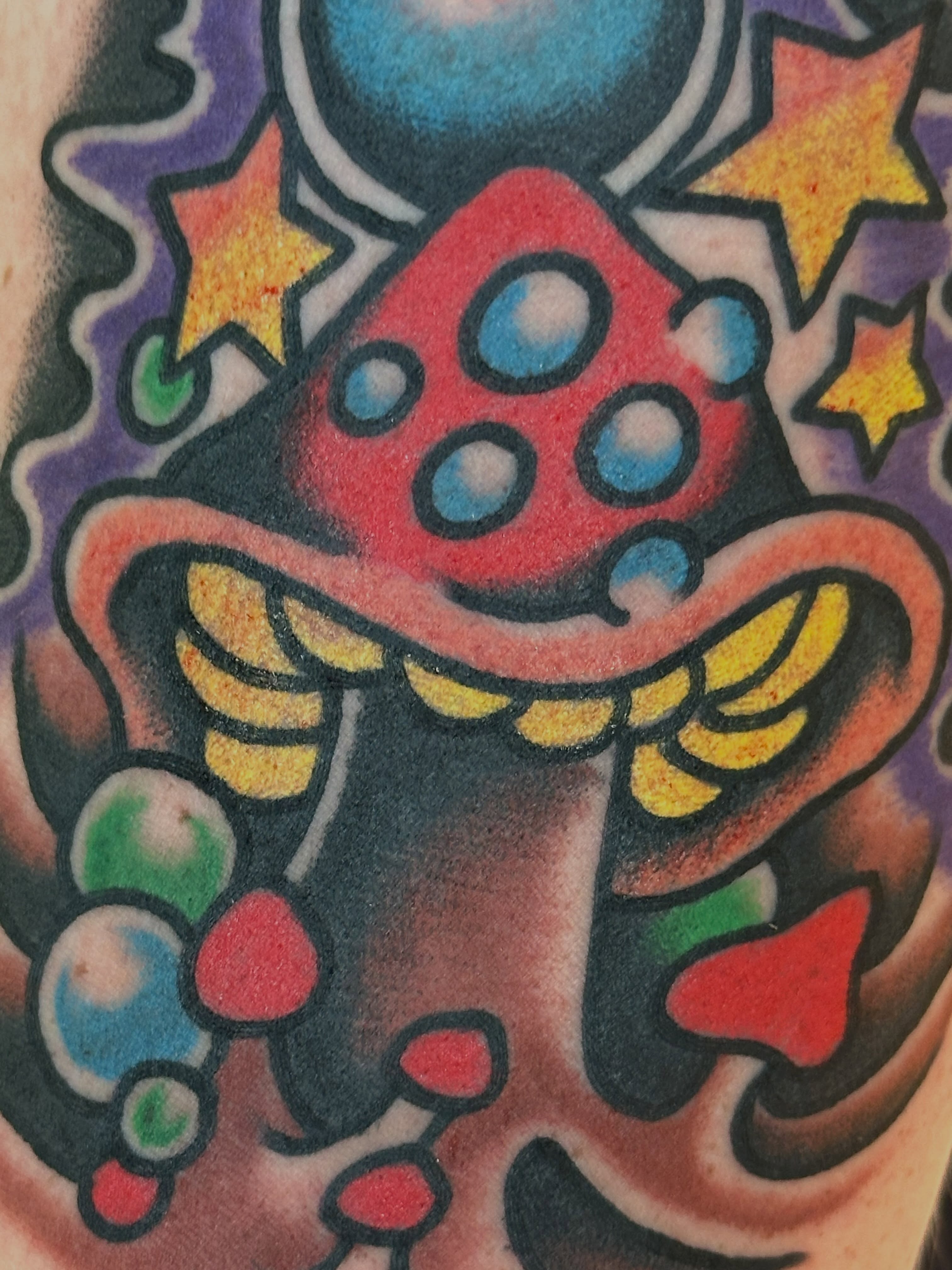 Mushroom American traditional tattoo on the forearm by Cody Woolard, Seymour, Tennessee