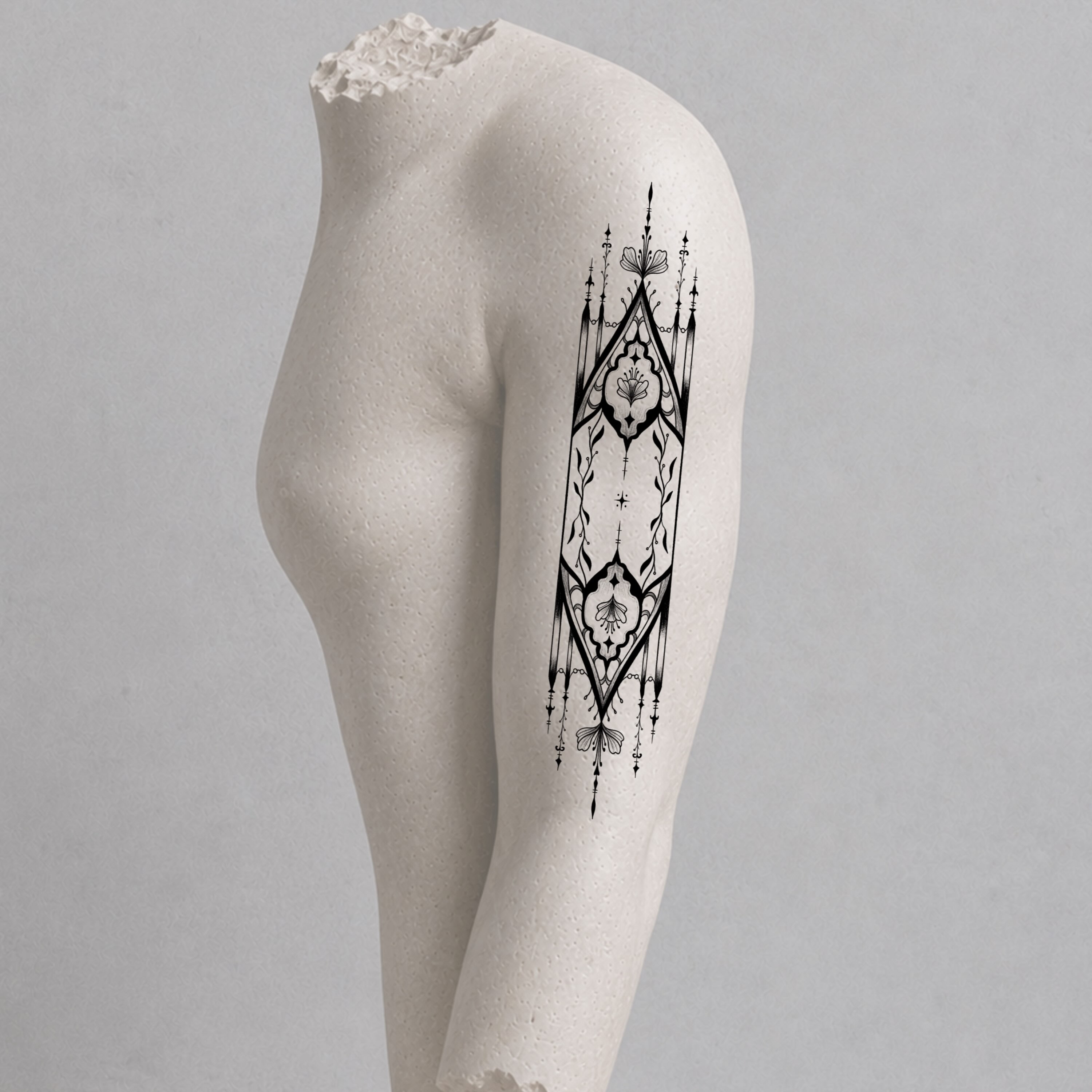 Geometric pattern geometric tattoo on the thigh by Nika