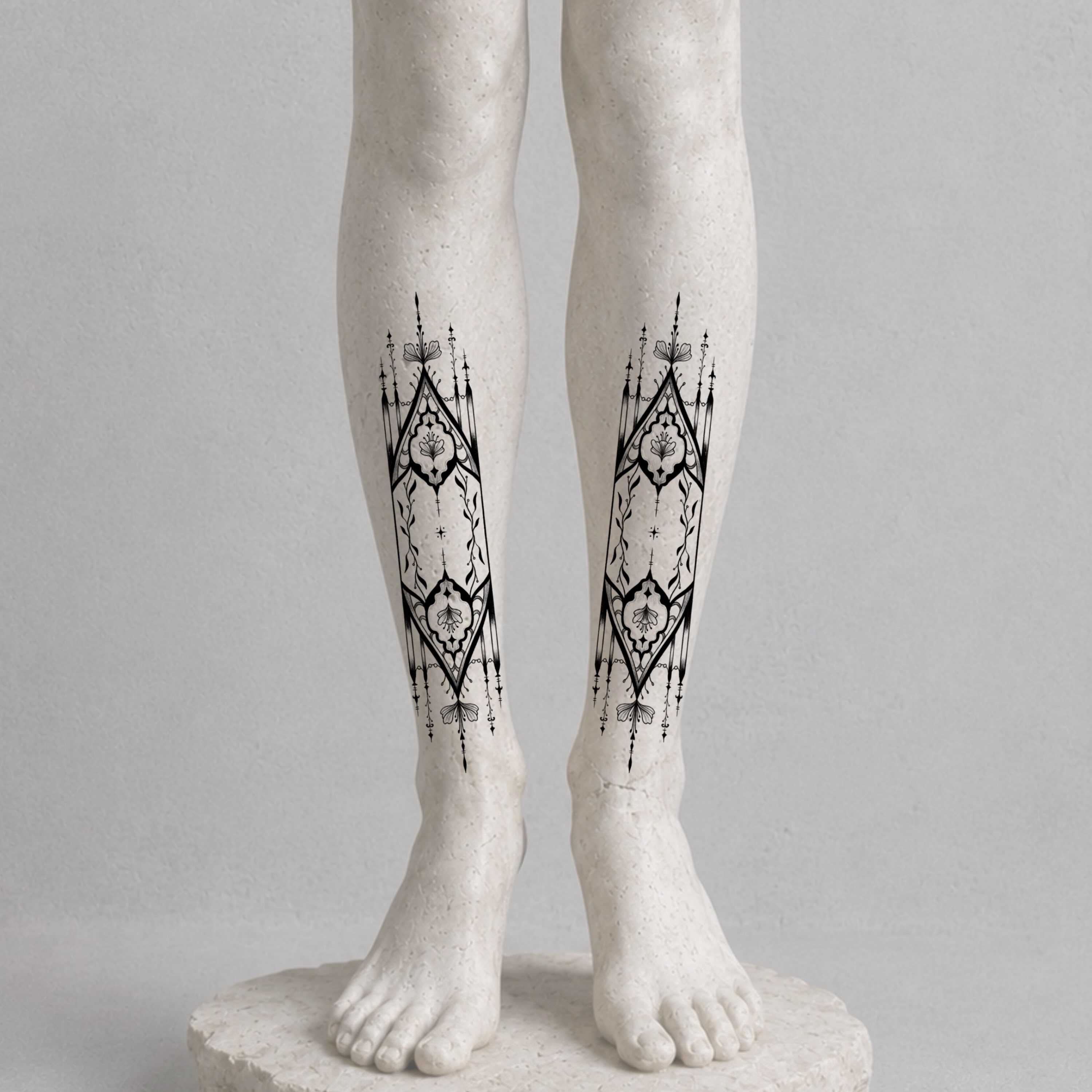 Gothic arches geometric tattoo on the calf by Nika