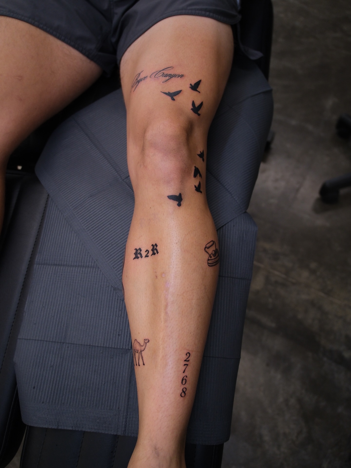Birds and lettering black and grey tattoo on the forearm by Kiana Hope