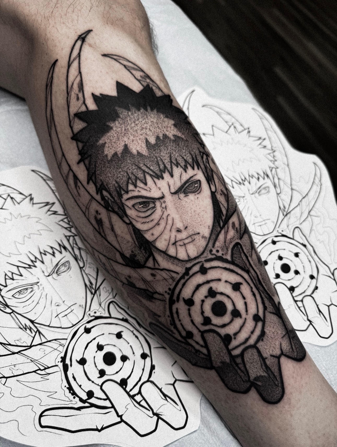 Anime character dotwork tattoo on the forearm by Dane Bezeau