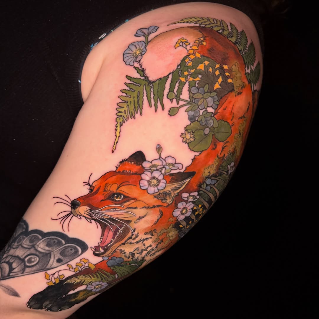 Fox and flowers American traditional tattoo on the thigh by Paige Hudon, Chicago, Illinois
