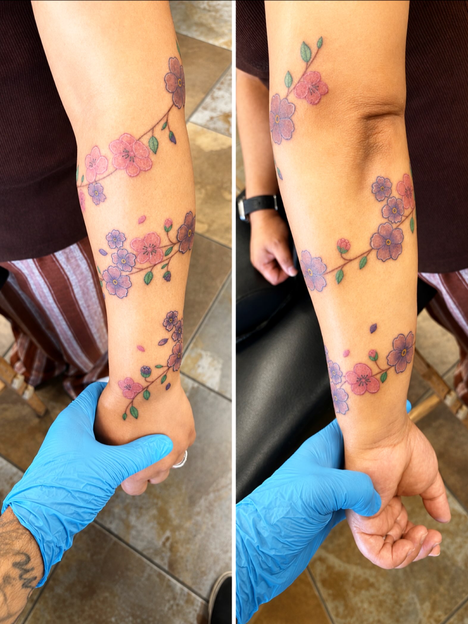 Cherry blossoms dotwork tattoo on the forearm by Stoney