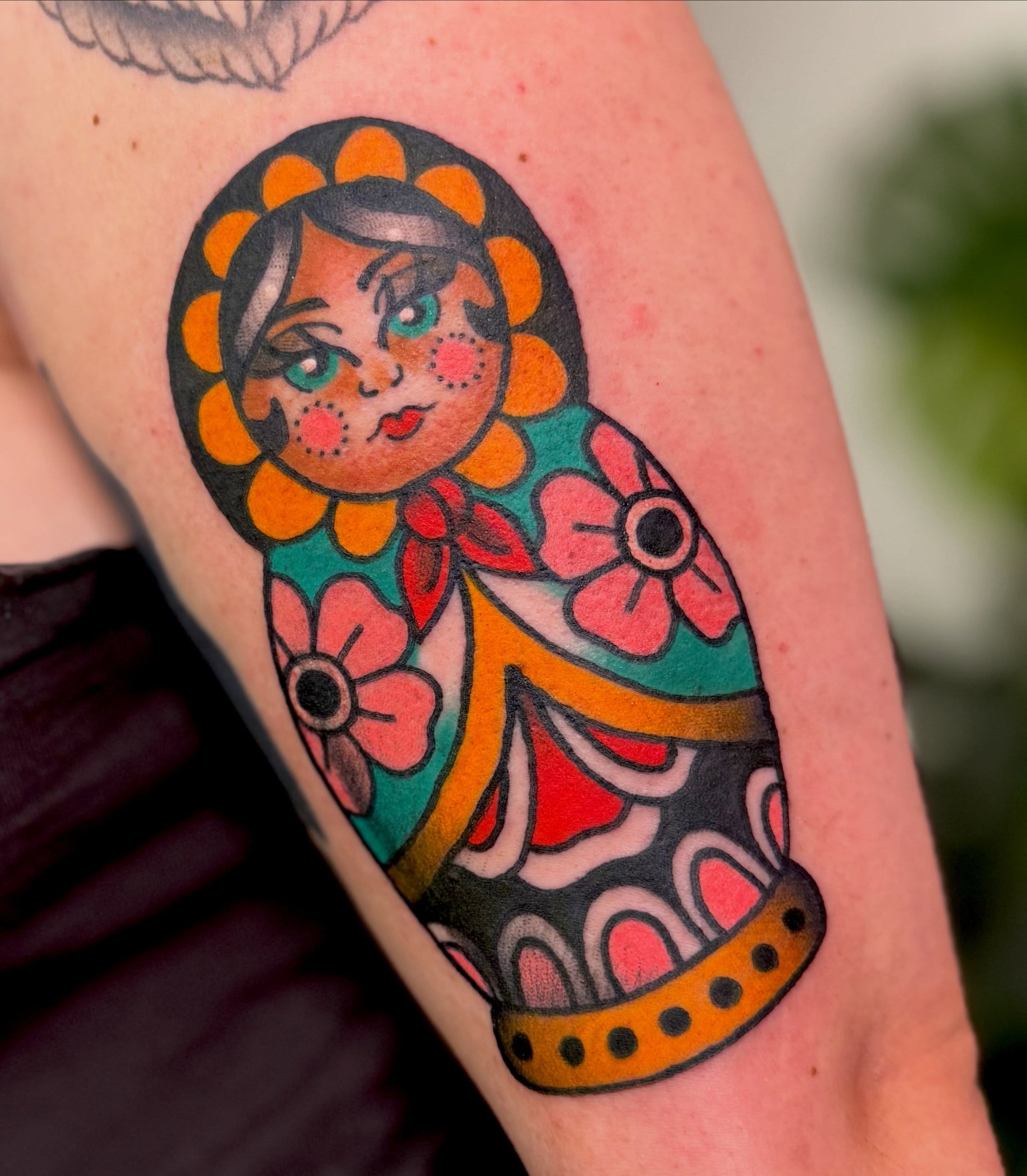 Matryoshka doll American traditional tattoo on the forearm by 🪩 Marisa Rae Mathews 🪩, McKees Rocks, Pennsylvania