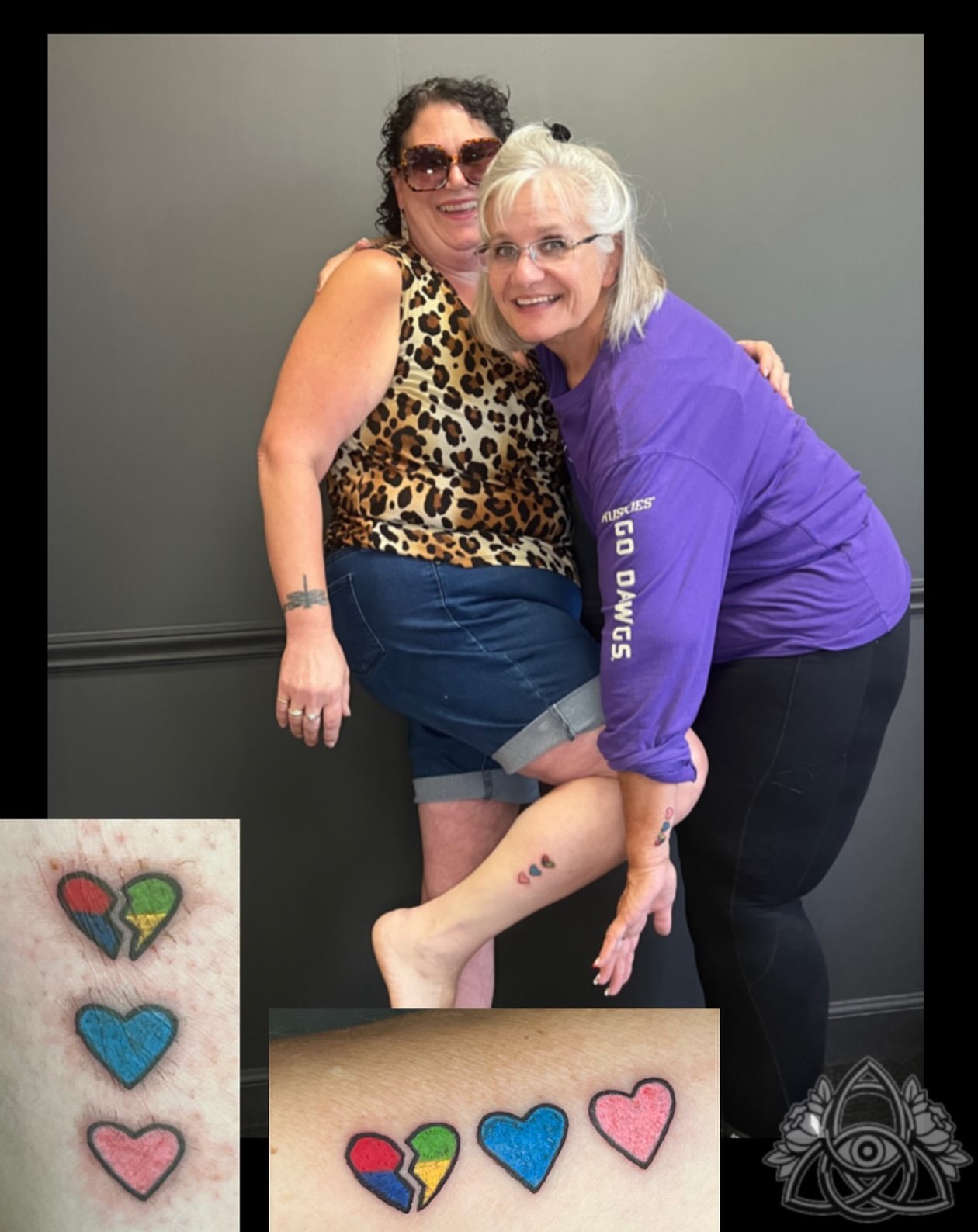 Heart emojis dotwork tattoo on the leg by Michael - Tattoo Garden Everett, Everett, Washington
